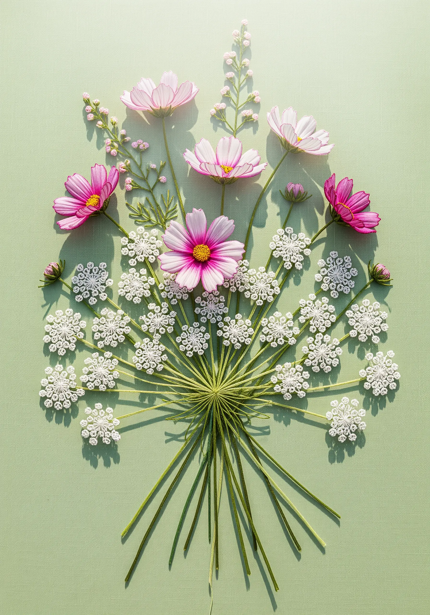 A delicate bouquet of embroidered pink cosmos and white Queen Anne's lace on green fabric.