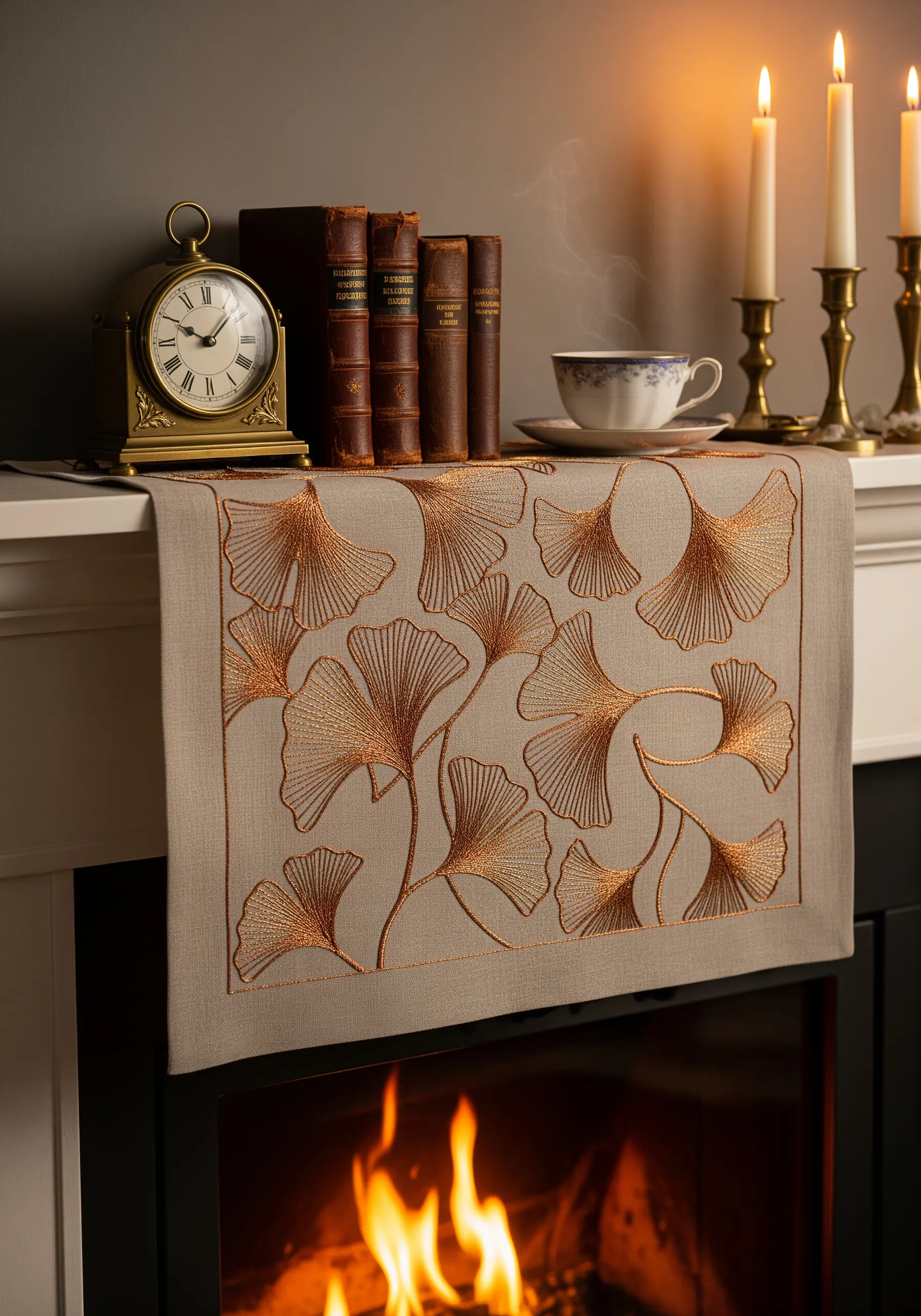 A grey table runner with Art Deco-style ginkgo leaves embroidered in copper metallic thread.