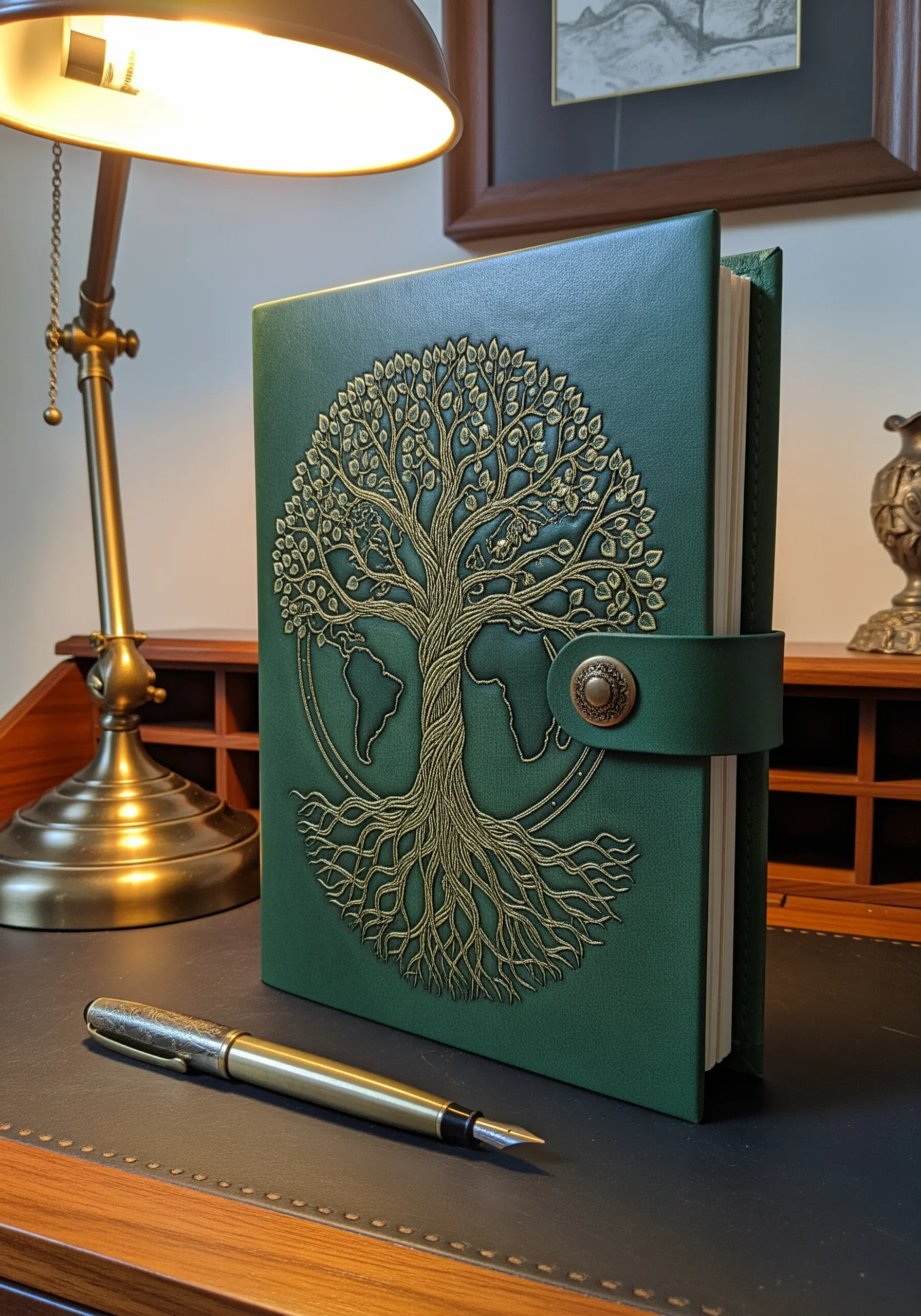 A green leather-bound journal with a detailed Tree of Life design stitched in gold thread.