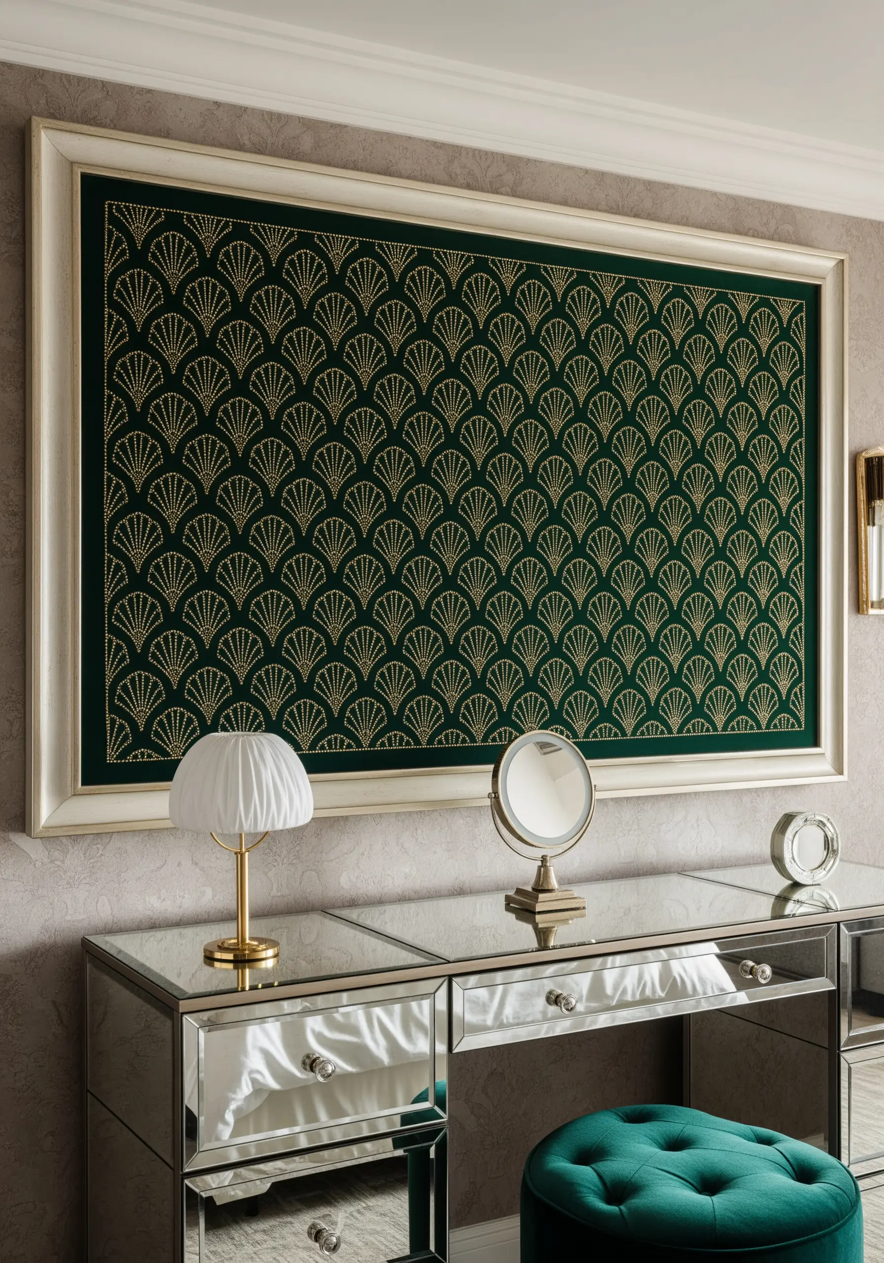 A large framed piece of Art Deco shell patterns stitched in gold thread on green velvet.