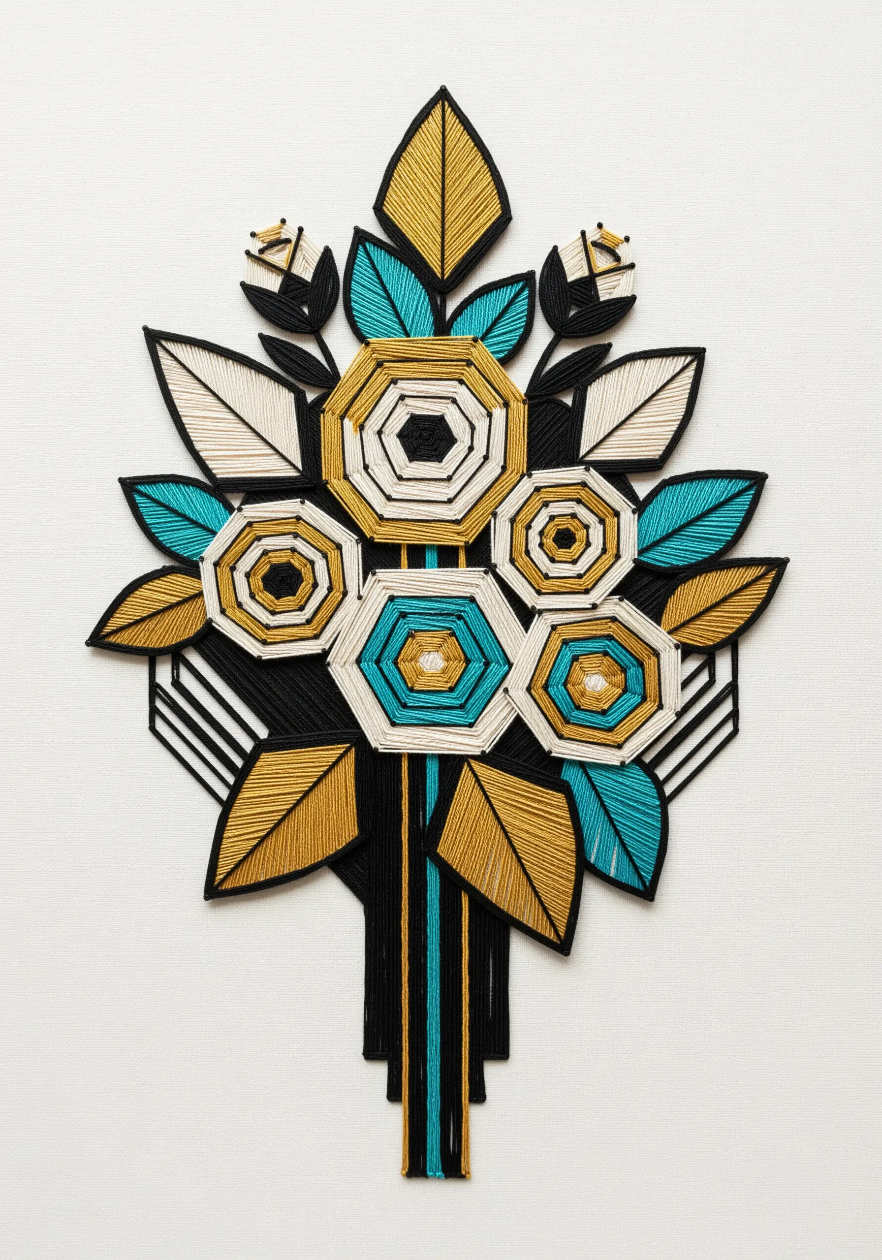 An Art Deco-style geometric floral bouquet in gold, teal, white, and black.