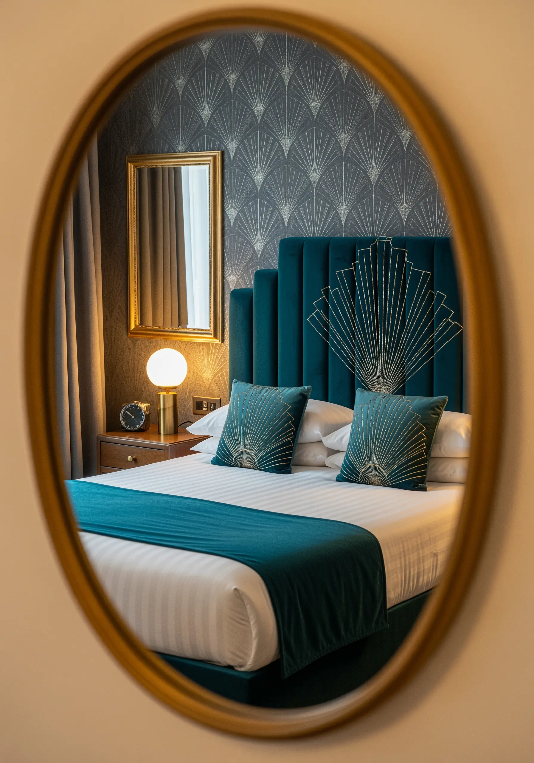 Art Deco fan pattern stitched in gold metallic thread on a teal velvet headboard.