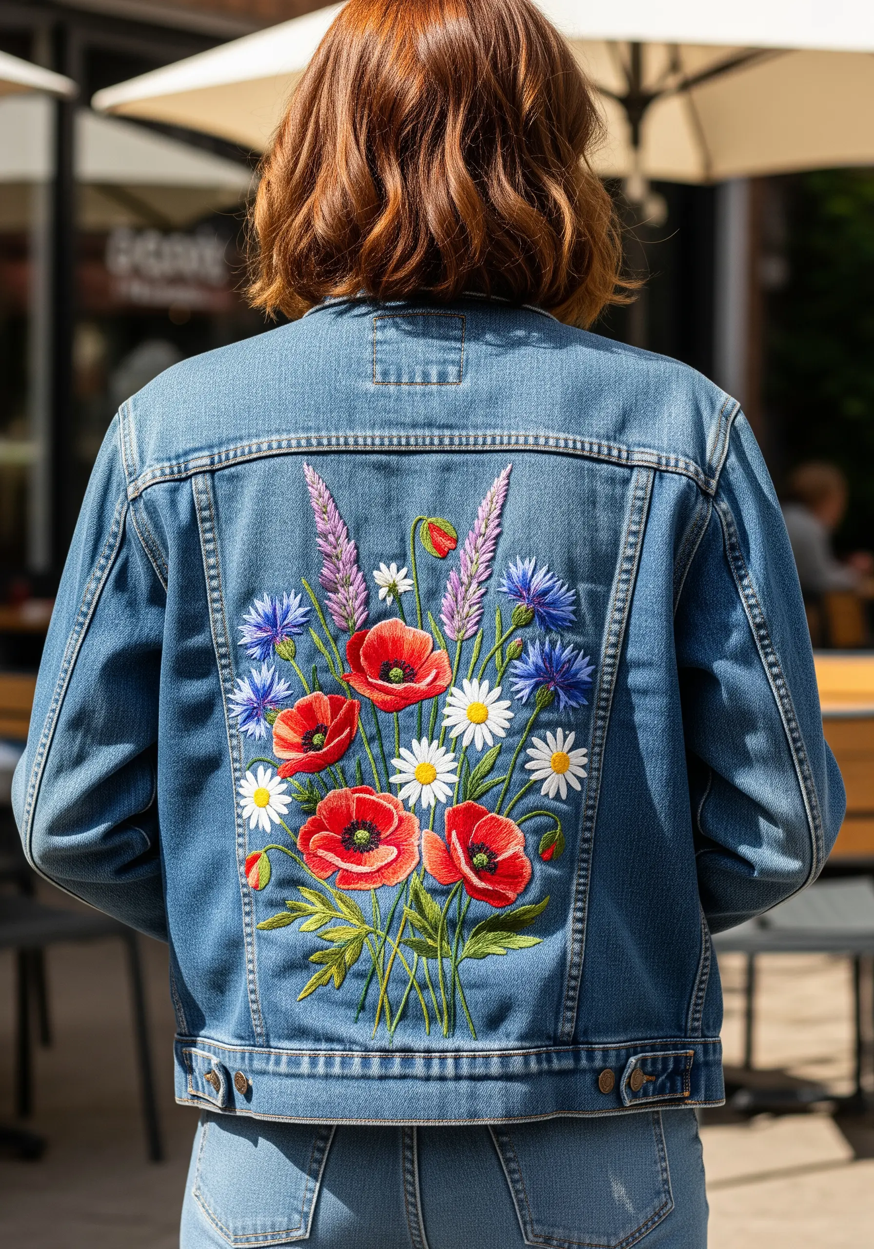 Detailed floral embroidery featuring red poppies and daisies on a denim jacket back.