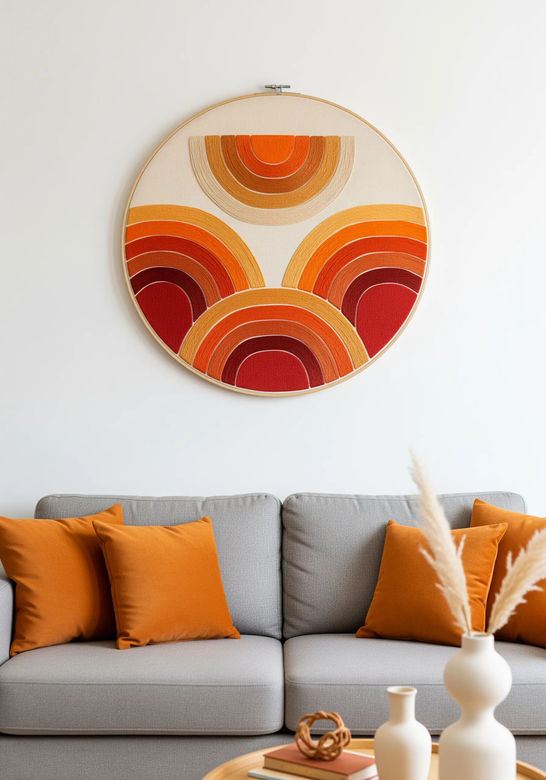 A large embroidery hoop with retro-style rainbow arches in warm, earthy 70s colors.