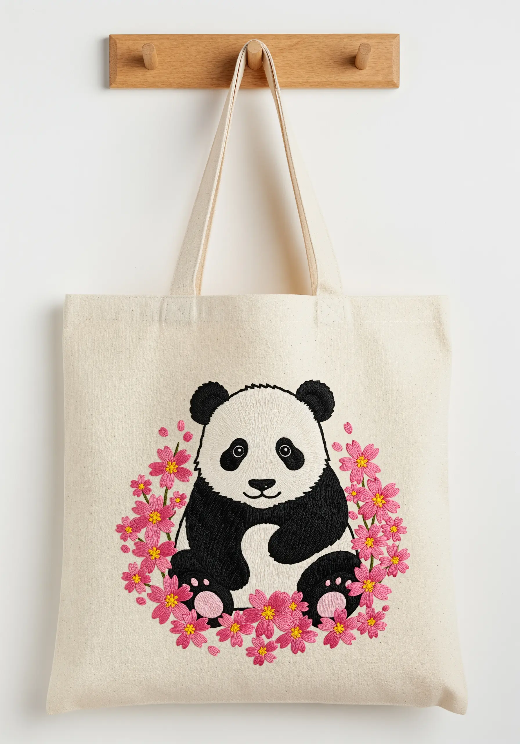 Embroidered panda with a wreath of pink flowers on a cream-colored canvas tote bag.