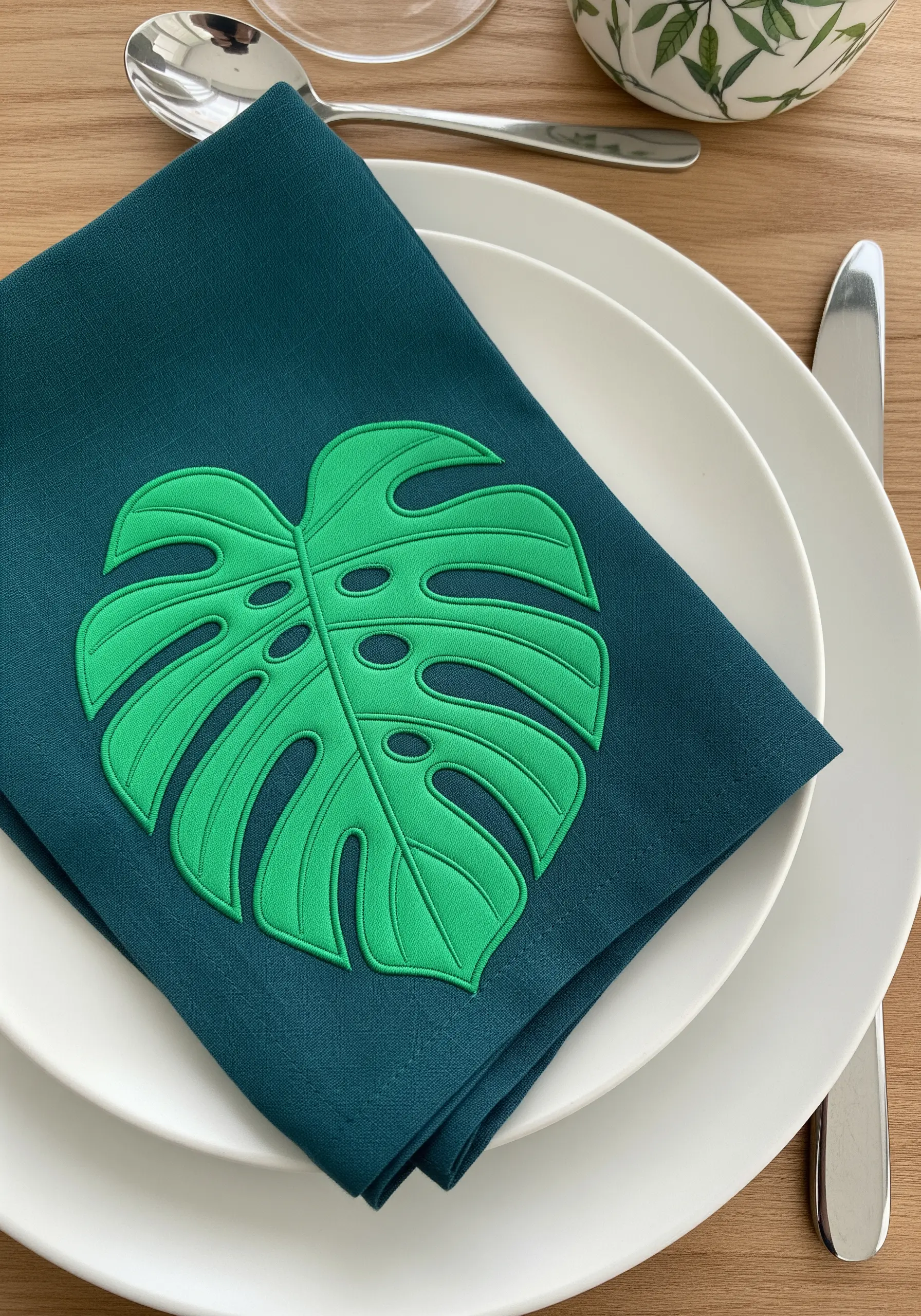 A bold, two-tone green embroidered monstera leaf on a dark teal dinner napkin.