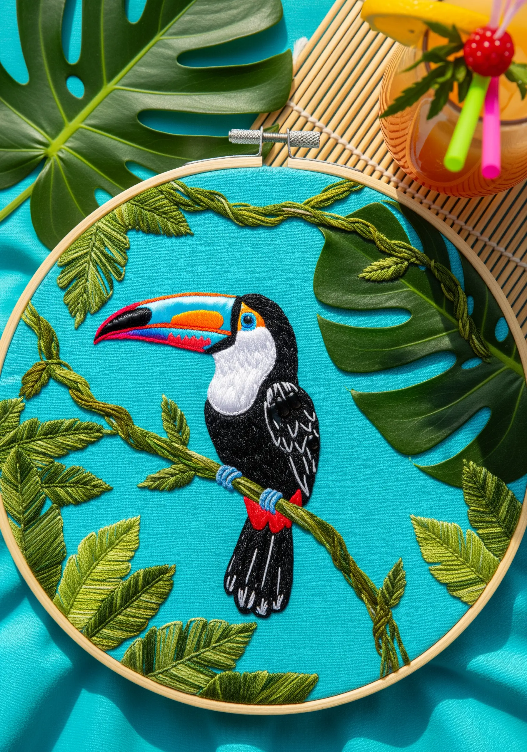 A brightly colored embroidered toucan with a smooth satin stitch finish on blue fabric.