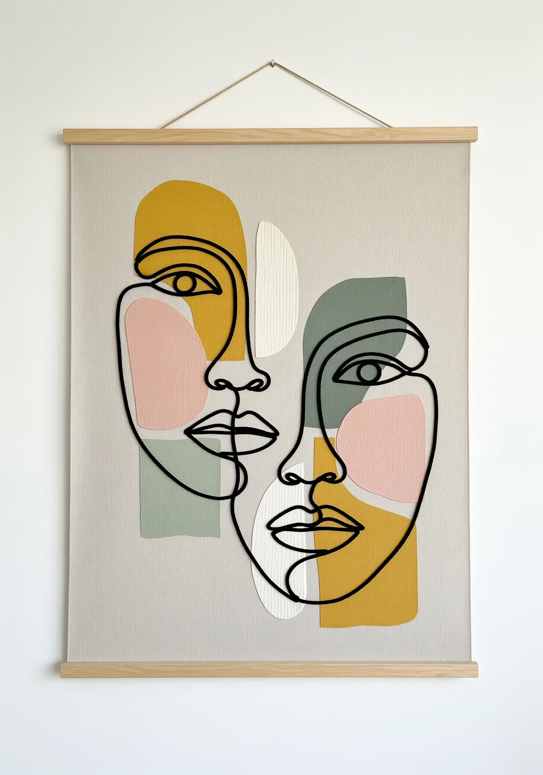 Modern wall art with two line art faces created with black yarn on a fabric with painted shapes.