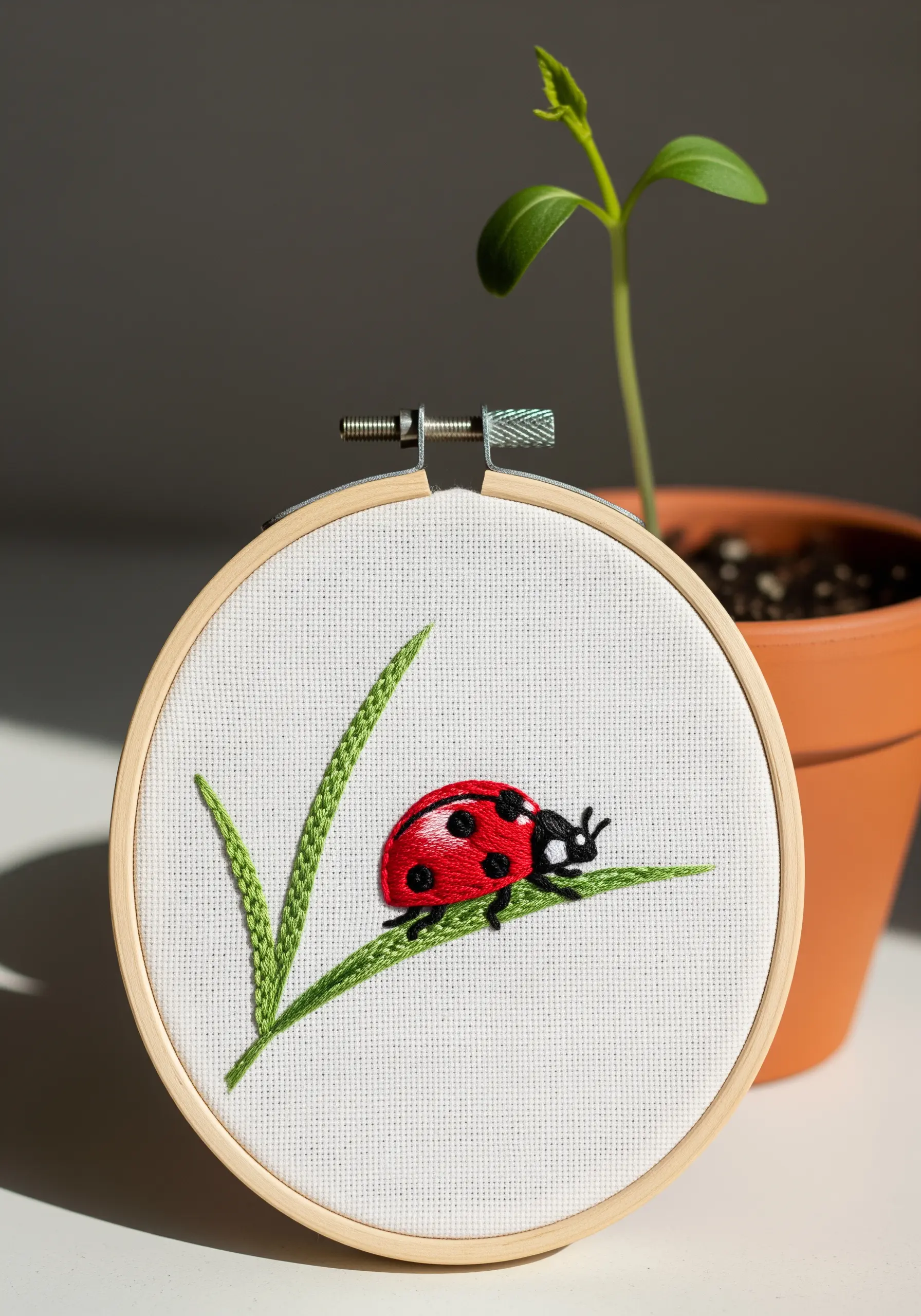 A simple, clean embroidery of a red ladybug on a blade of grass.