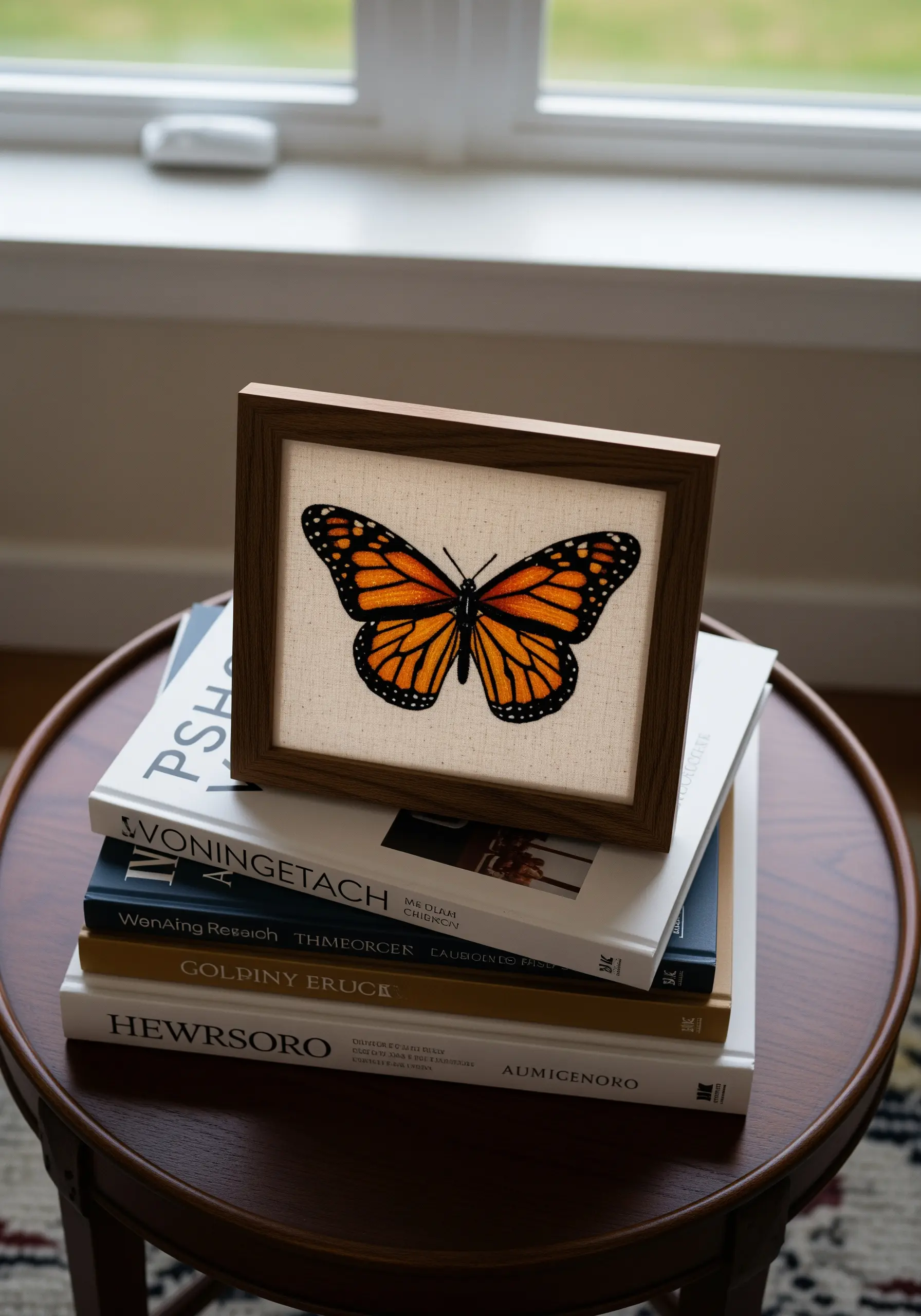 A small framed embroidery of a monarch butterfly resting on a stack of books.