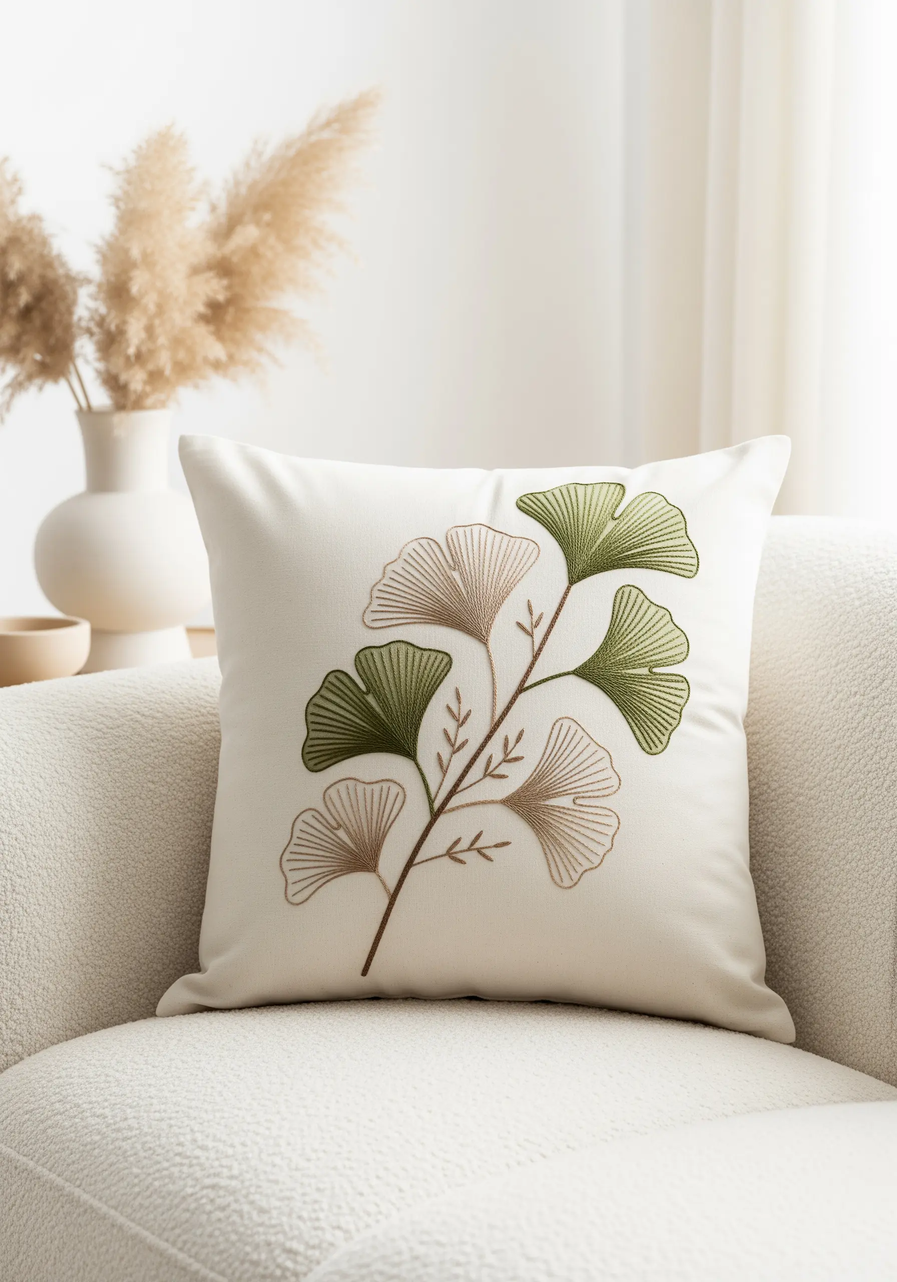 Ginkgo leaf embroidery on a white pillow using delicate open-fill stitches.