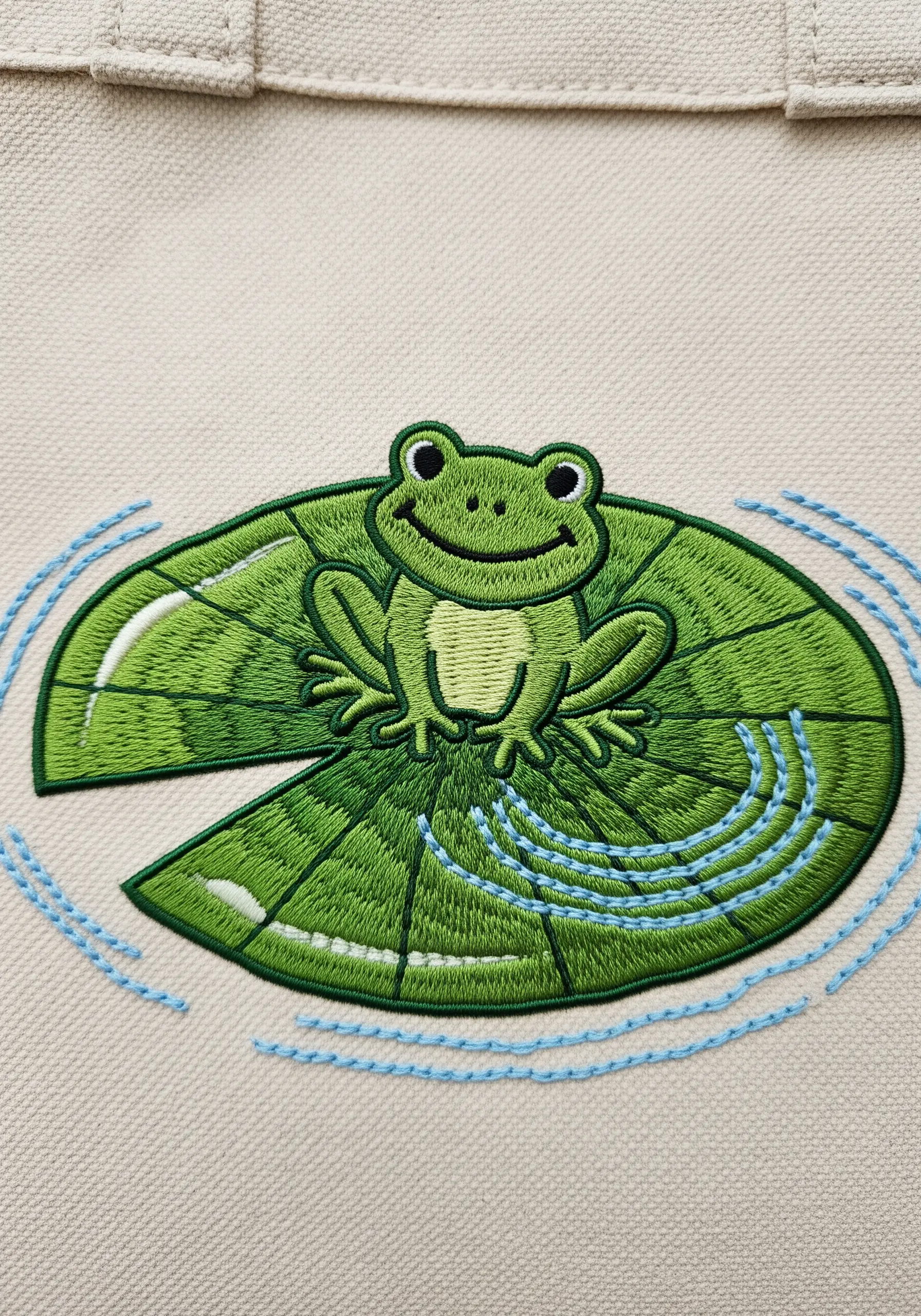A clean, graphic machine embroidery of a smiling green frog on a lily pad.