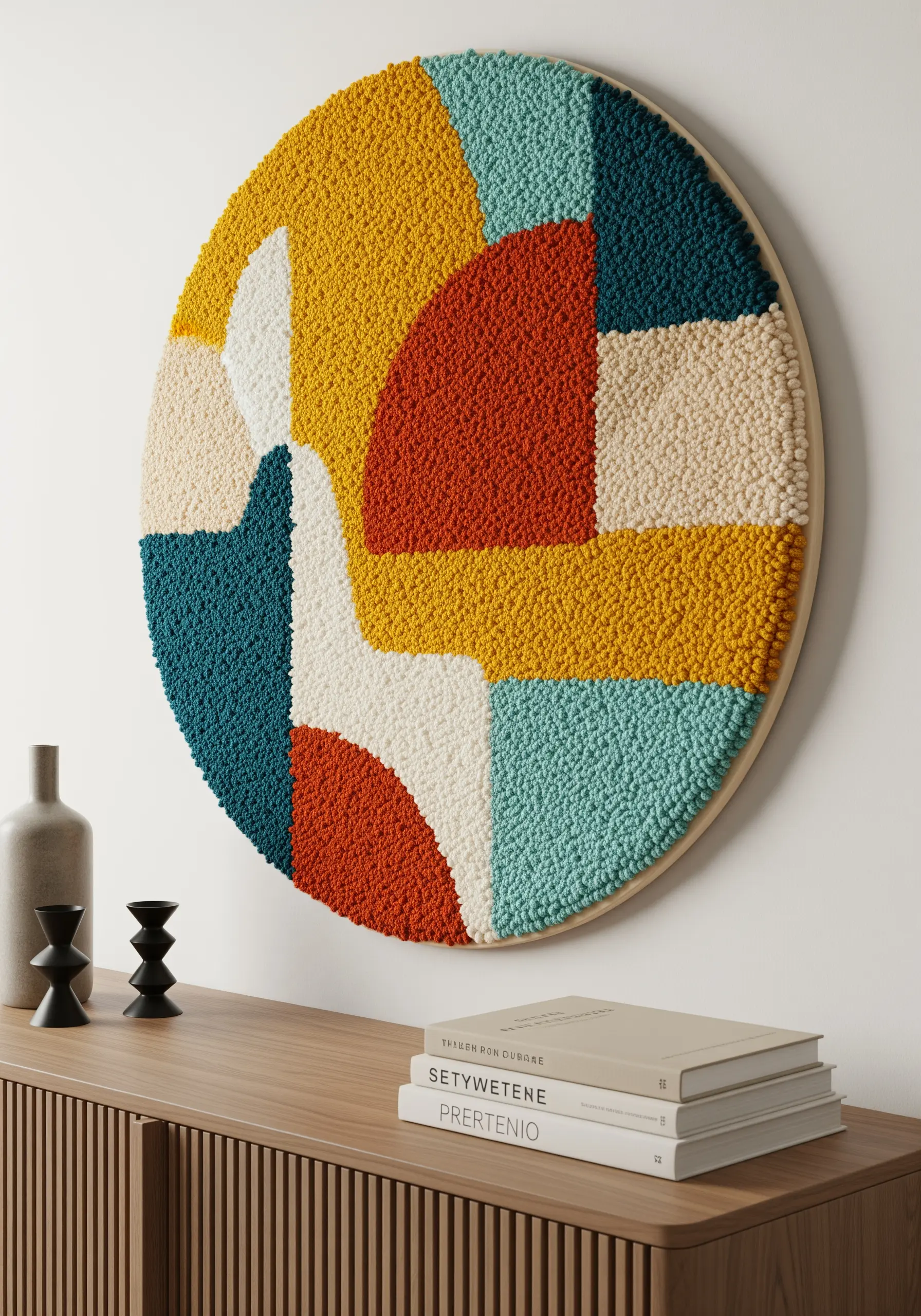 A round punch needle wall art piece with abstract, color-blocked shapes in warm, earthy tones.