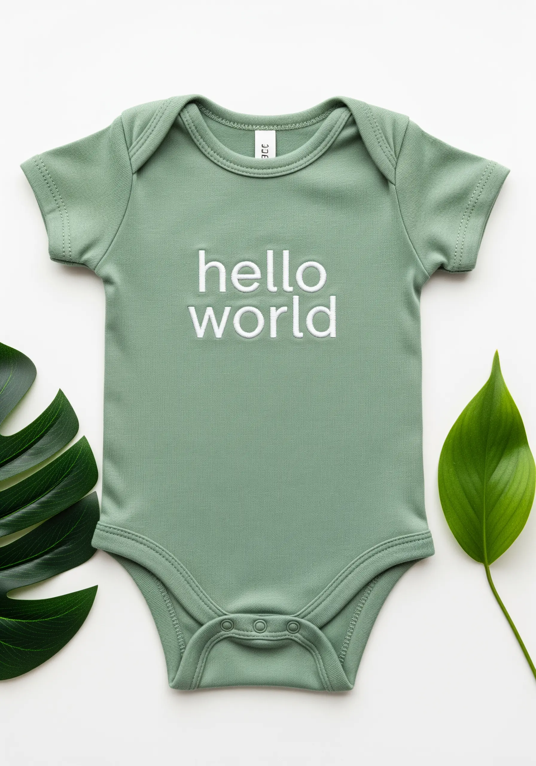 The words 'hello world' embroidered in a clean, white satin stitch on a green bodysuit.