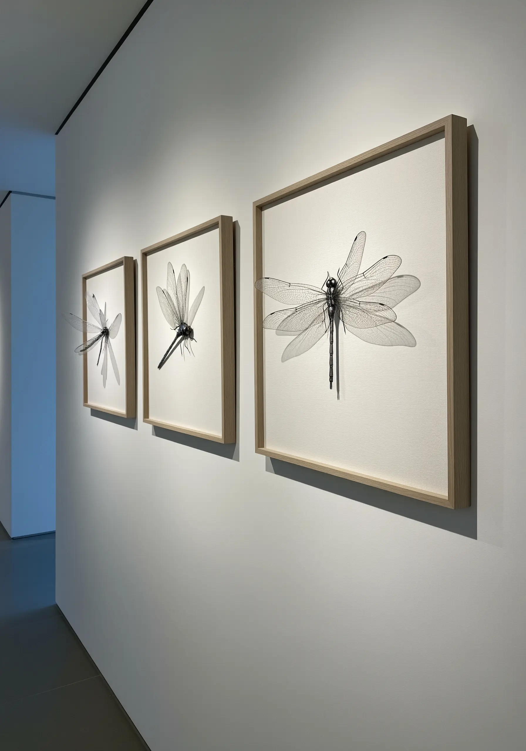 A triptych of framed art with delicate, translucent 3D dragonflies