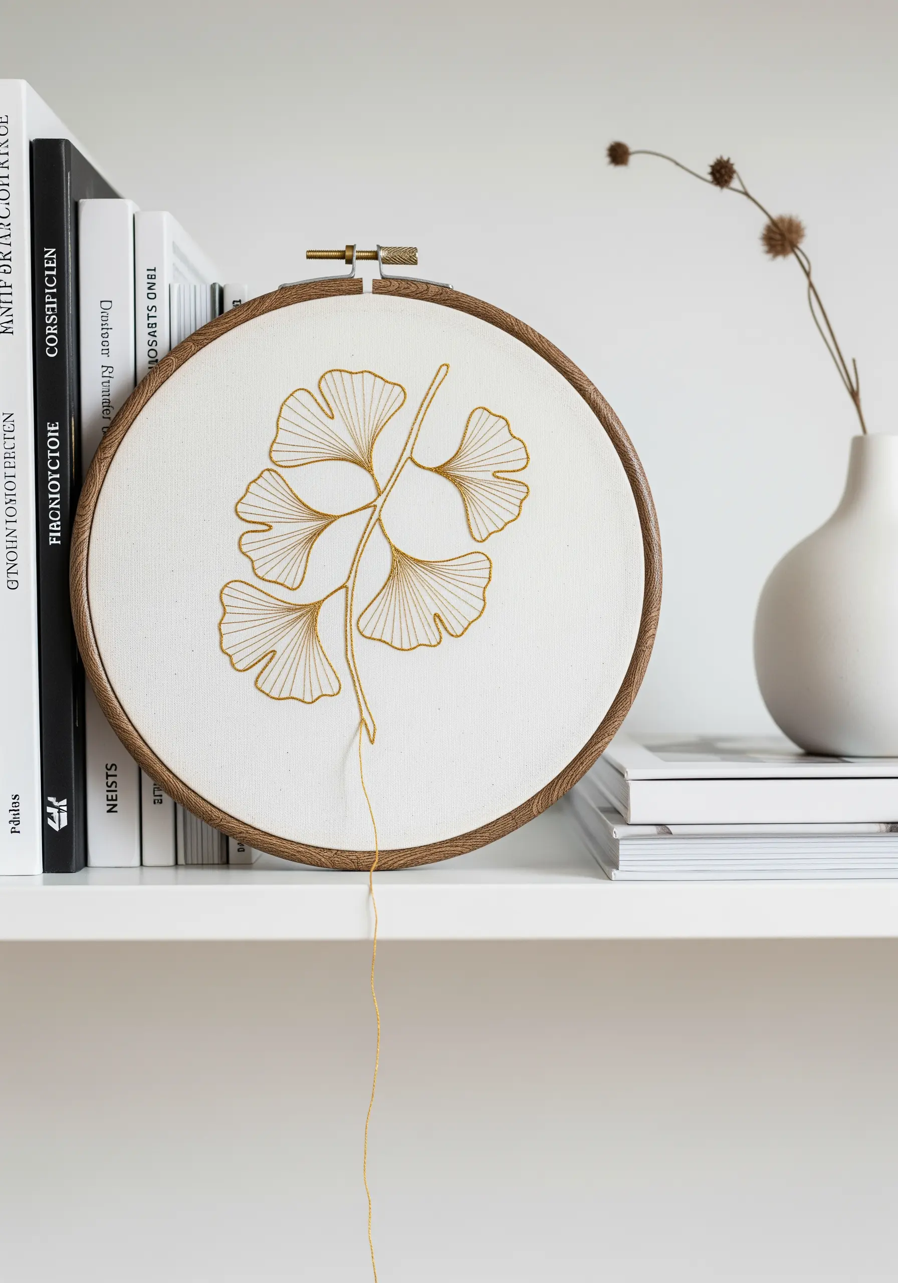 Elegant gold thread ginkgo leaf embroidery in a dark wood hoop.