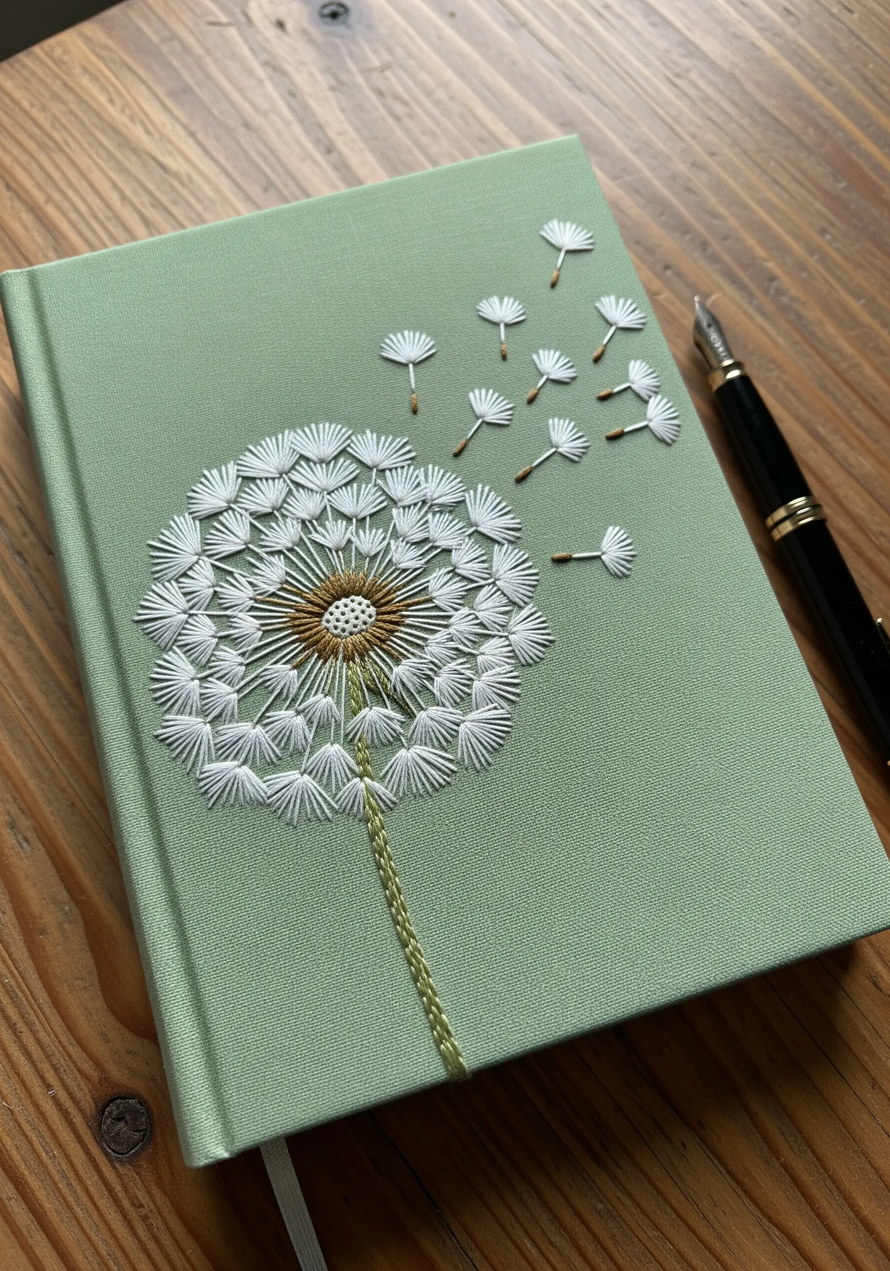 A sage green journal cover embroidered with a detailed white and gold dandelion.