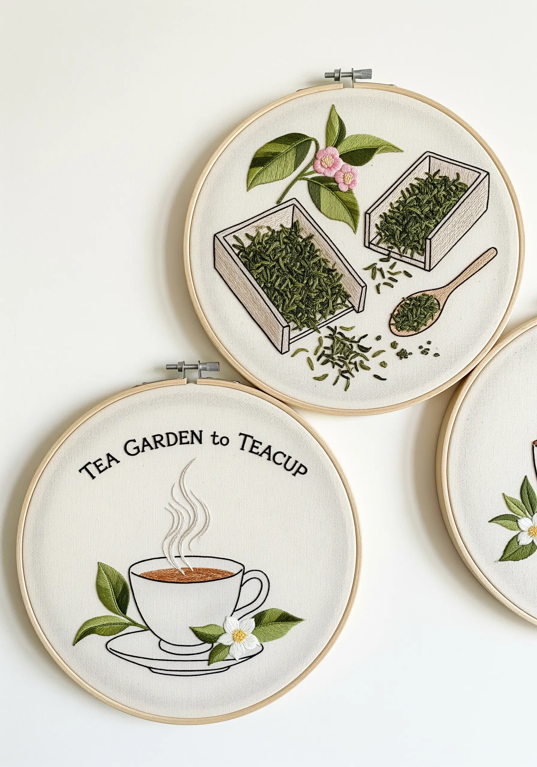 Tea-themed embroidery hoops with delicate lettering saying 'Tea Garden to Teacup'.