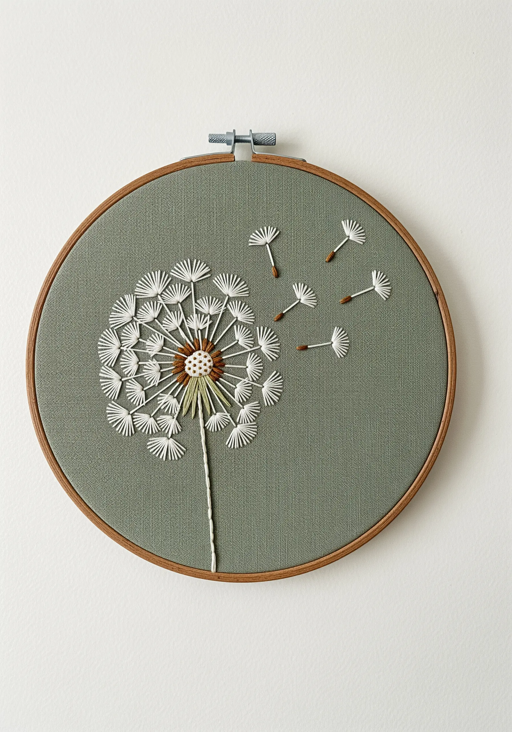 Dandelion head embroidery with floating seeds made of straight stitches.