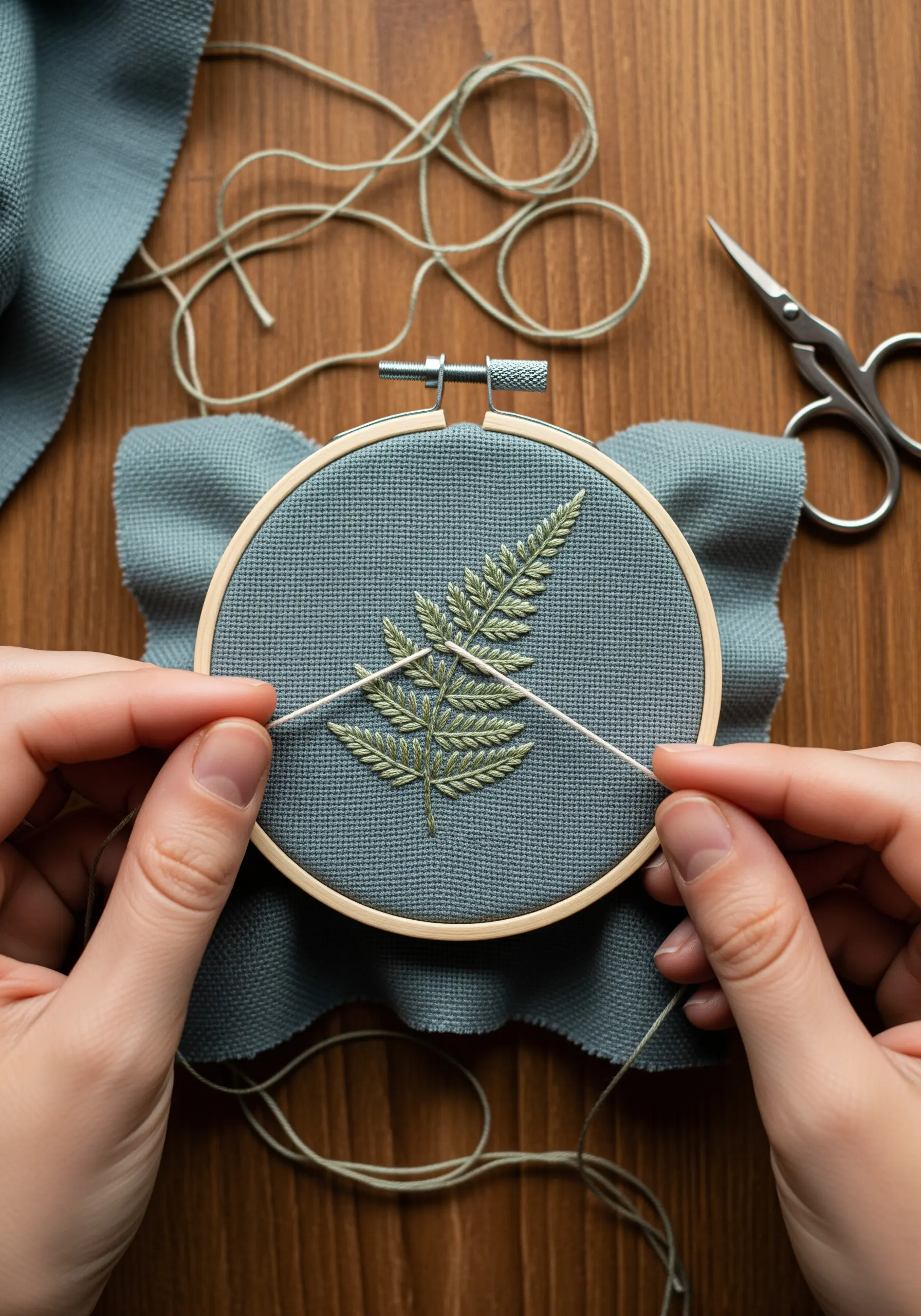 A realistic fern leaf embroidered in green thread on grey fabric.