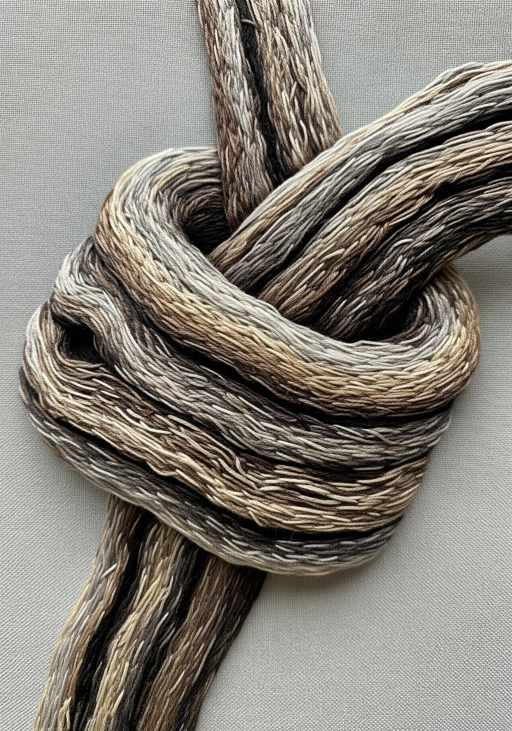 A skein of variegated embroidery floss with shades of brown, gray, and cream.