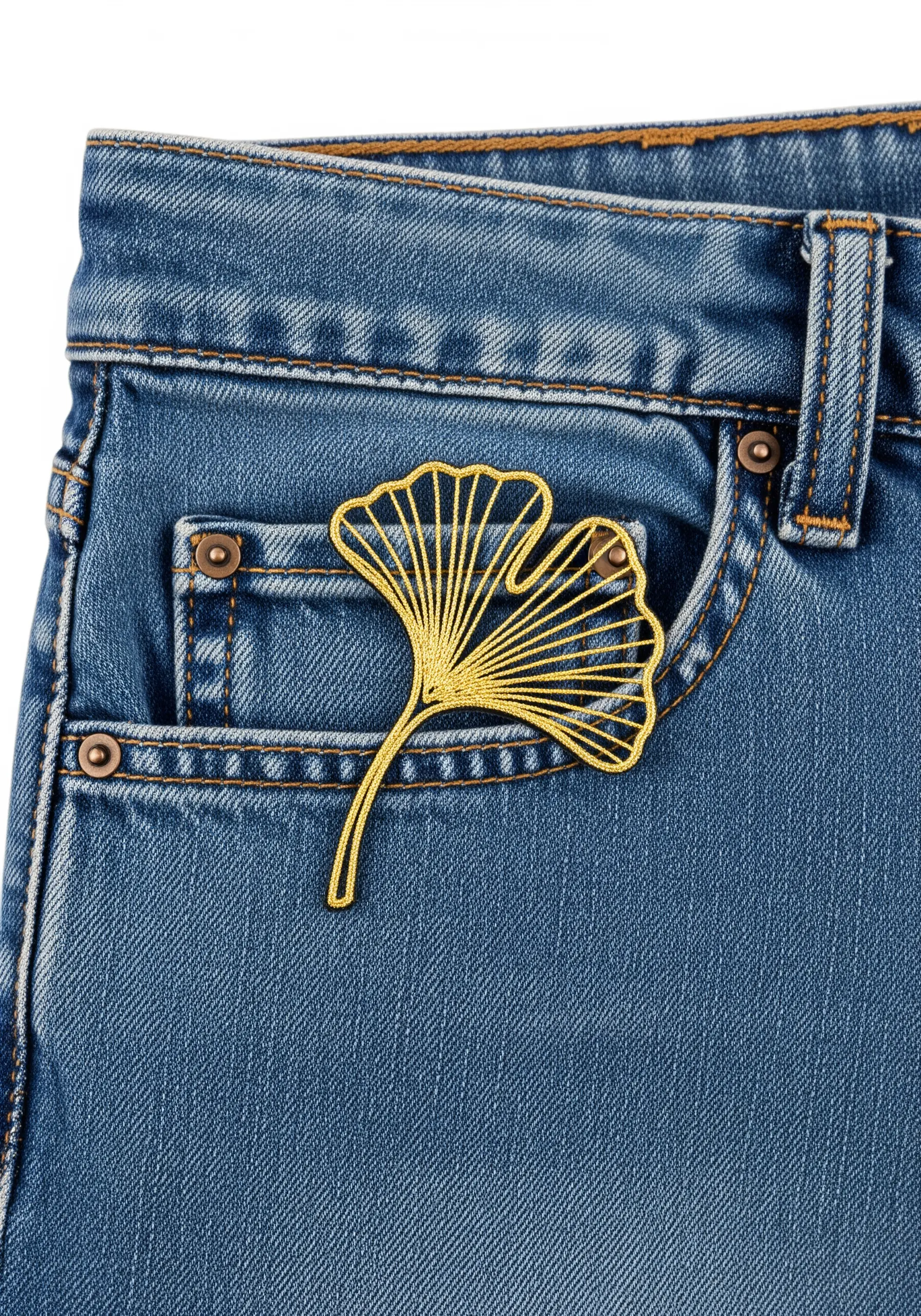 A minimalist, metallic gold ginkgo leaf embroidered on the coin pocket of blue jeans.