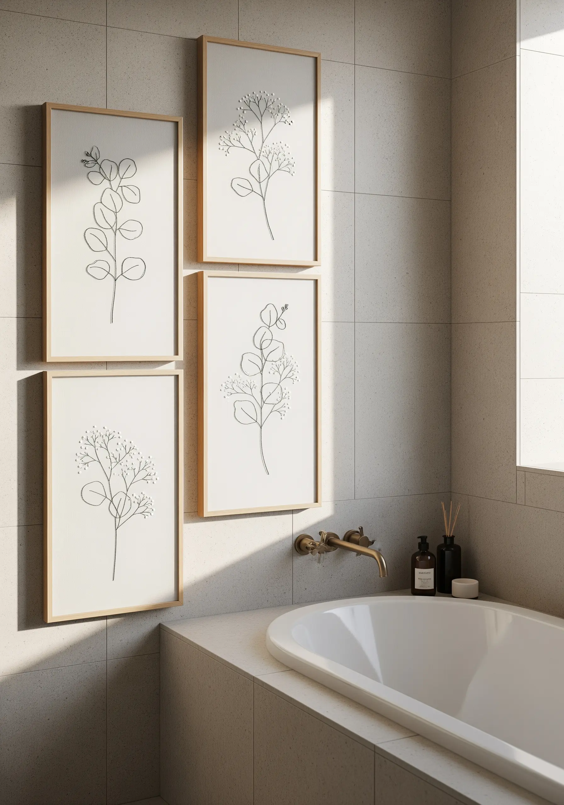 Four framed minimalist line art embroideries of eucalyptus and baby's breath.