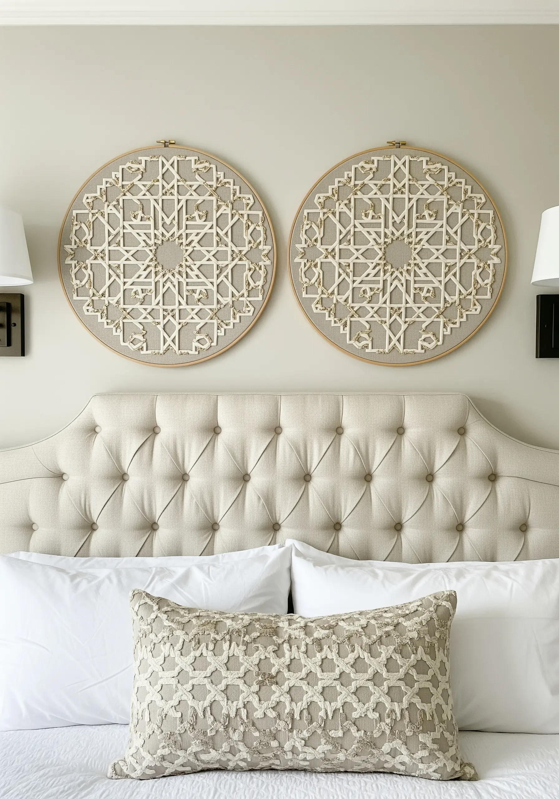 Two large embroidery hoops with intricate beige geometric patterns, hung above a tufted headboard.