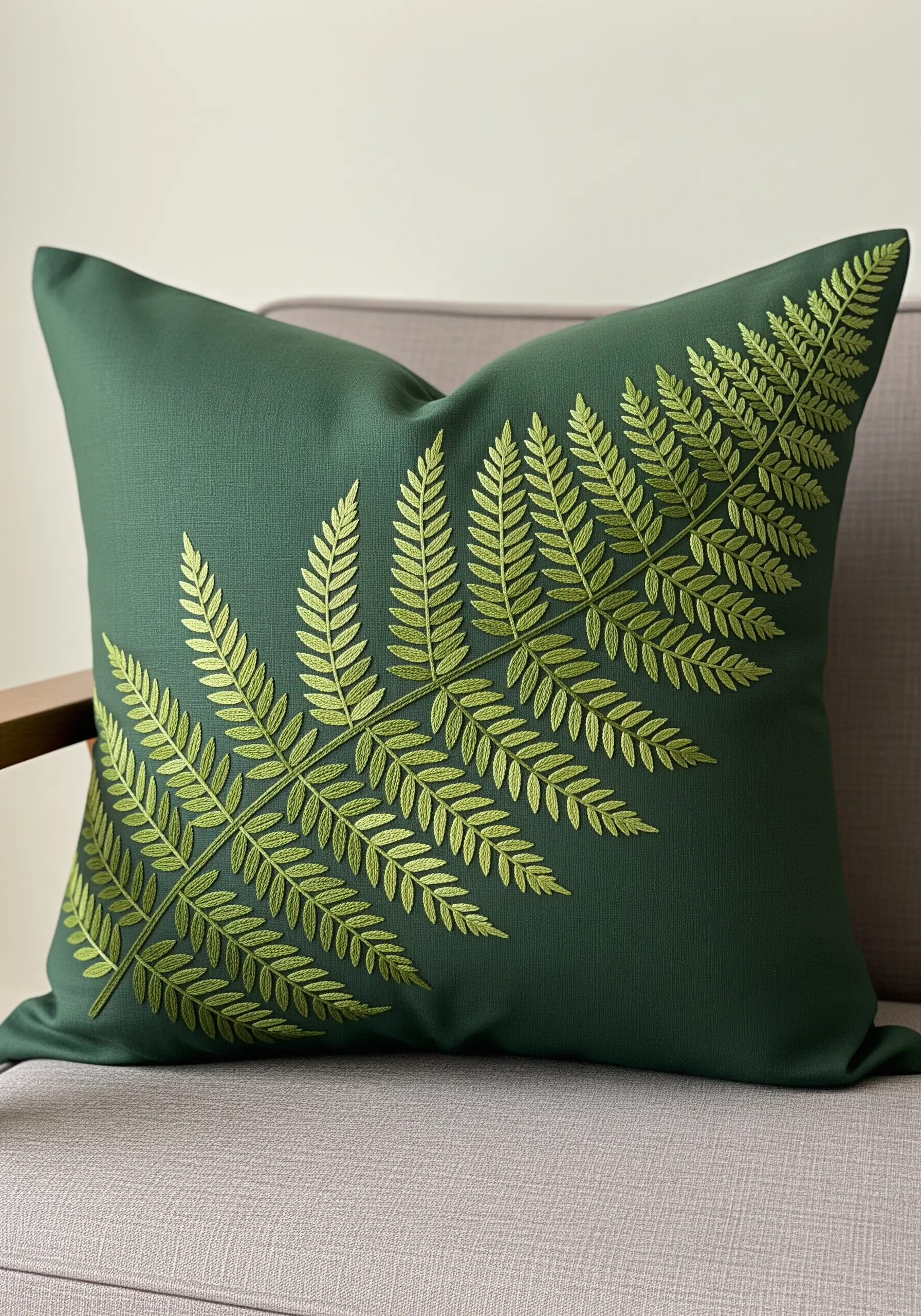 Elegant tone-on-tone fern leaf embroidered in light green on a dark green pillow.