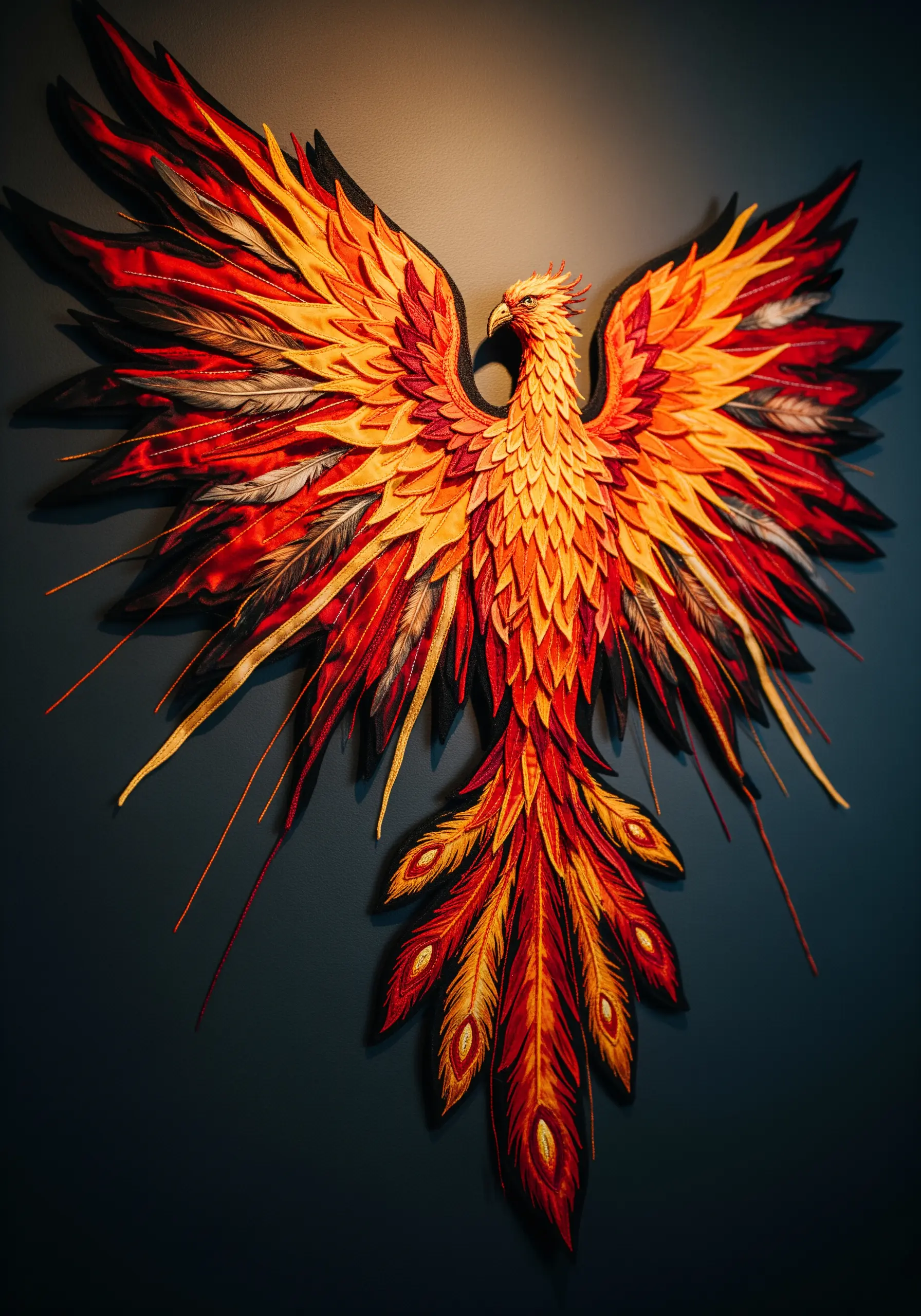 A dimensional phoenix made from layered and embroidered red and orange fabric pieces.