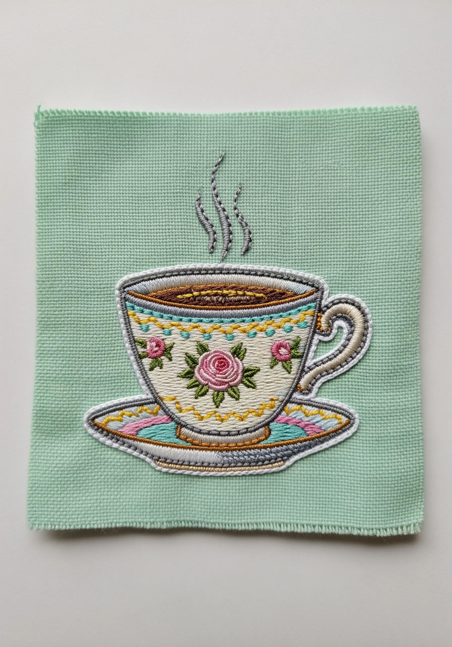 A detailed, vintage-style teacup patch embroidered with fine floral patterns on a green napkin.