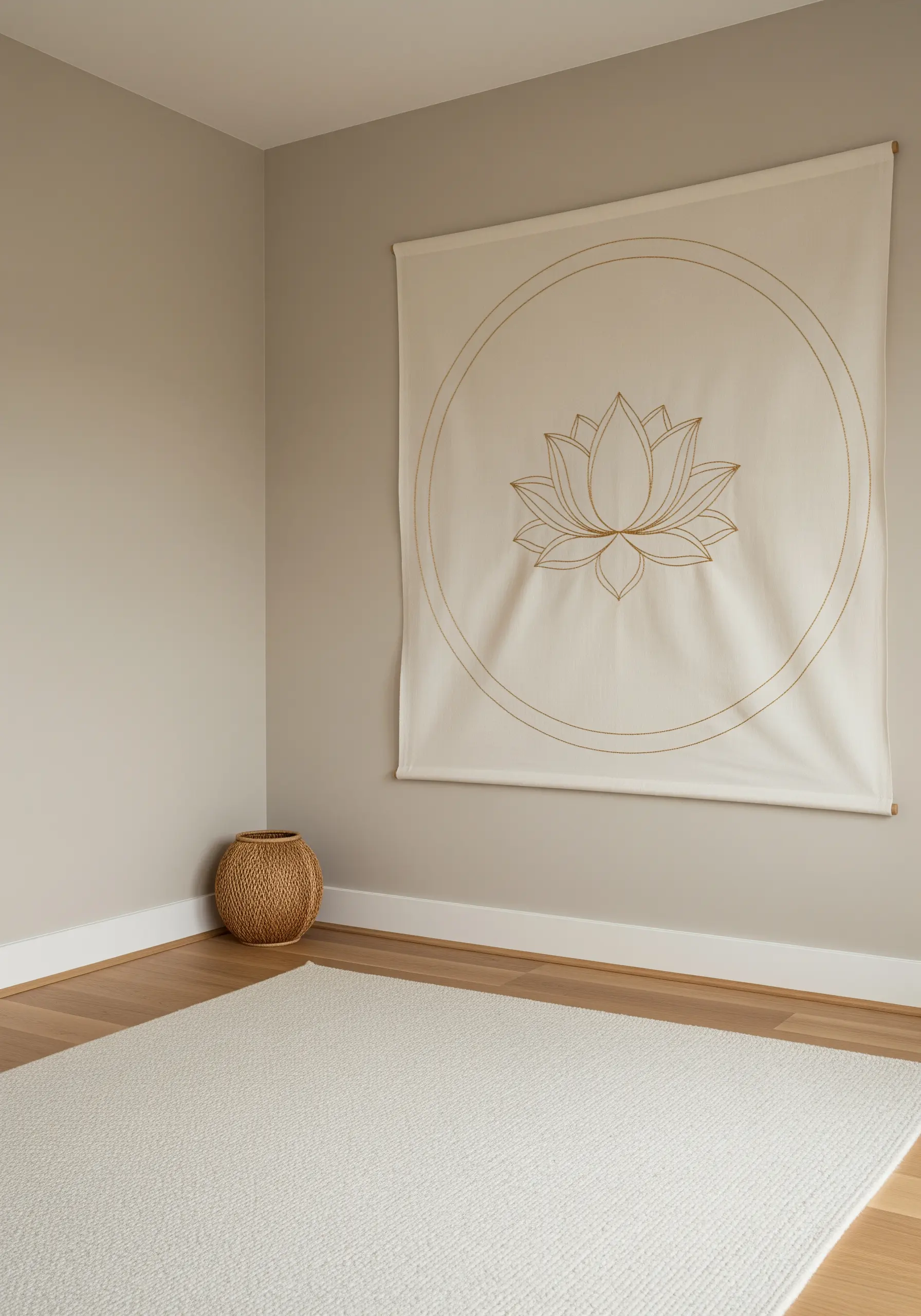 A large off-white fabric wall hanging featuring a minimalist lotus outline stitched in gold thread.