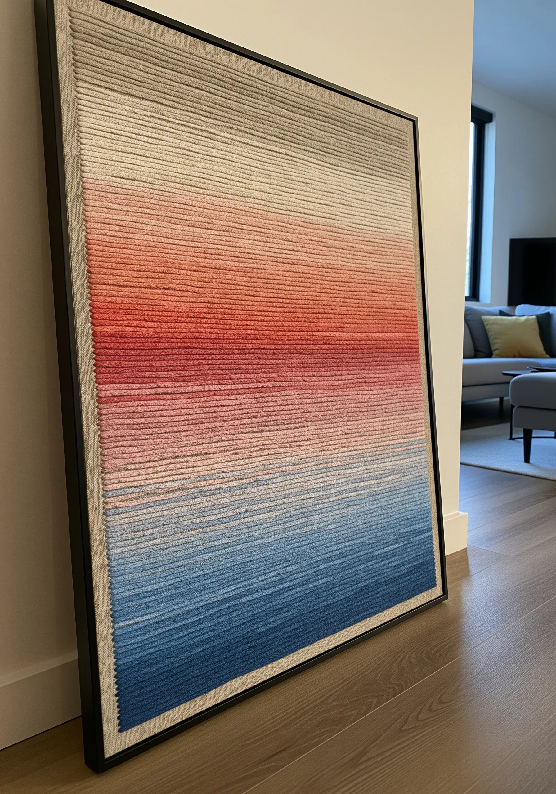 A large framed piece of art showing a minimalist gradient of color created by wrapping thread.