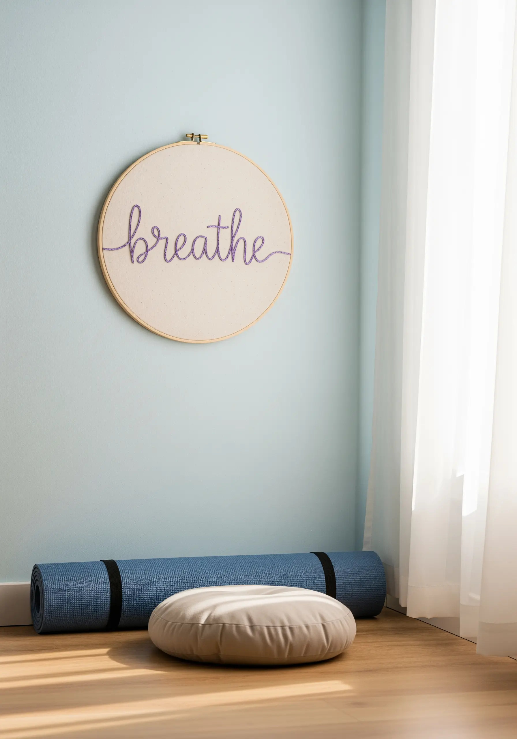 The word 'breathe' embroidered in cursive lavender thread on a large hoop.