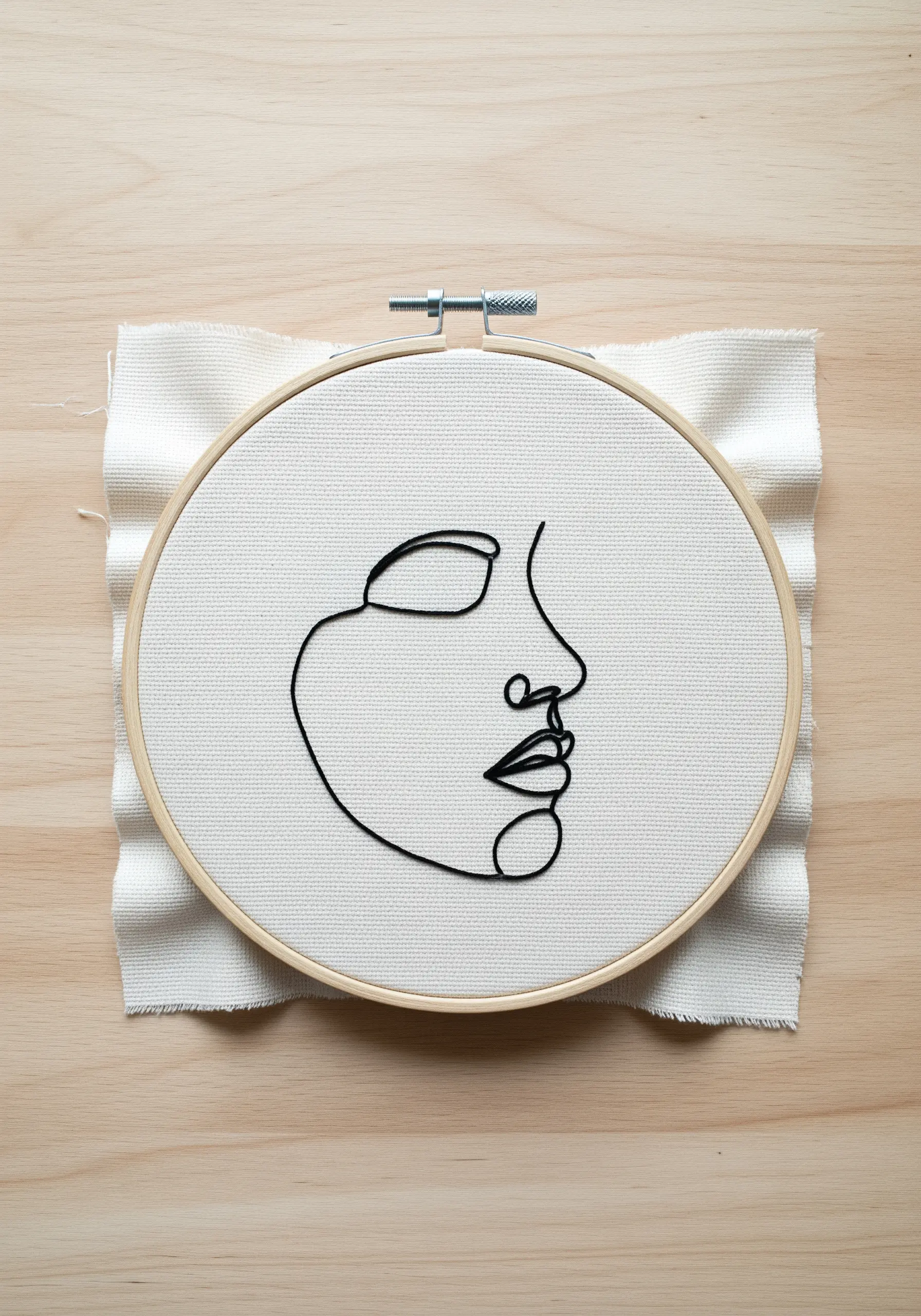 Minimalist one-line art portrait stitched in black thread.