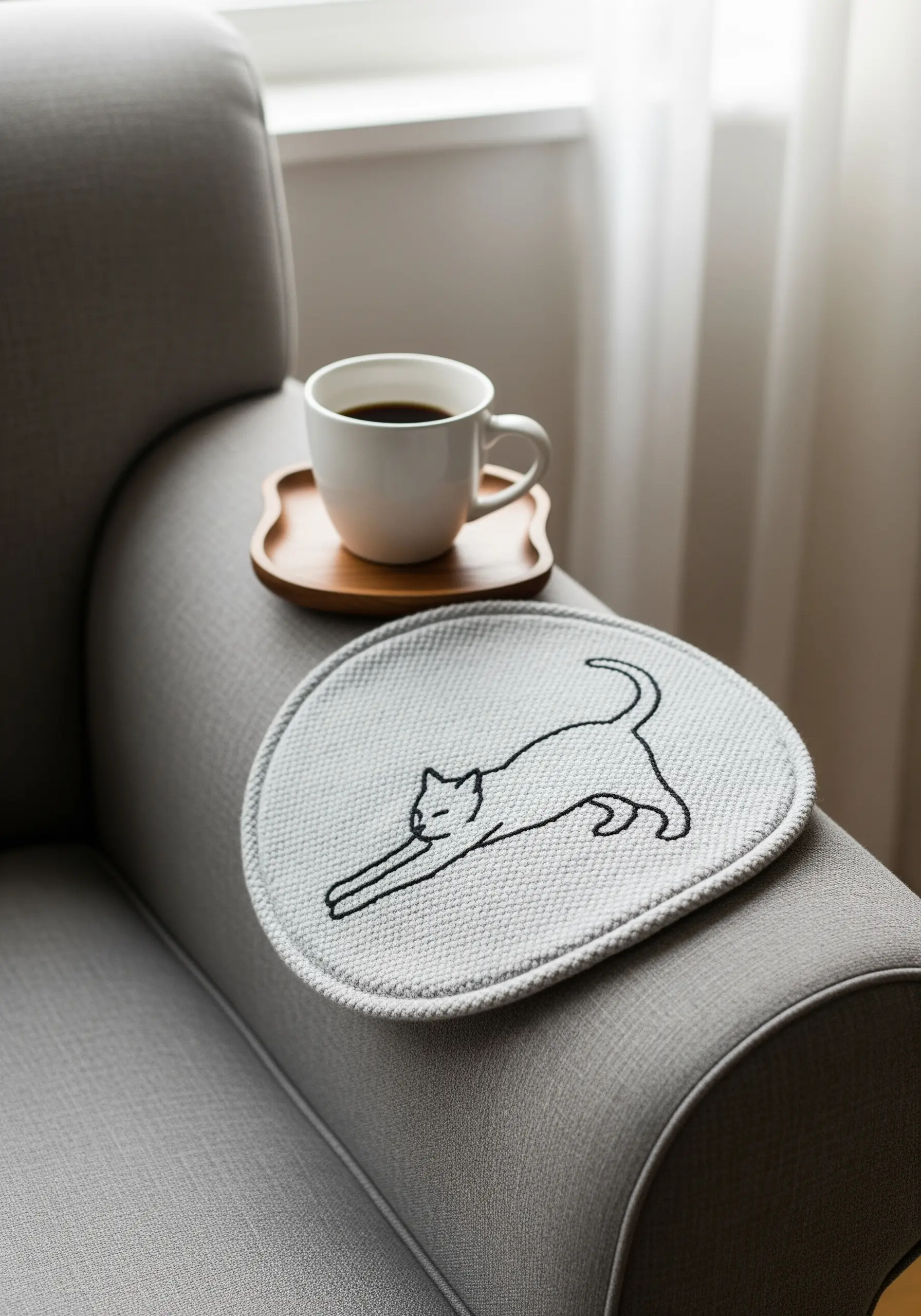 A minimalist line art embroidery of a stretching cat on a light gray mug rug.
