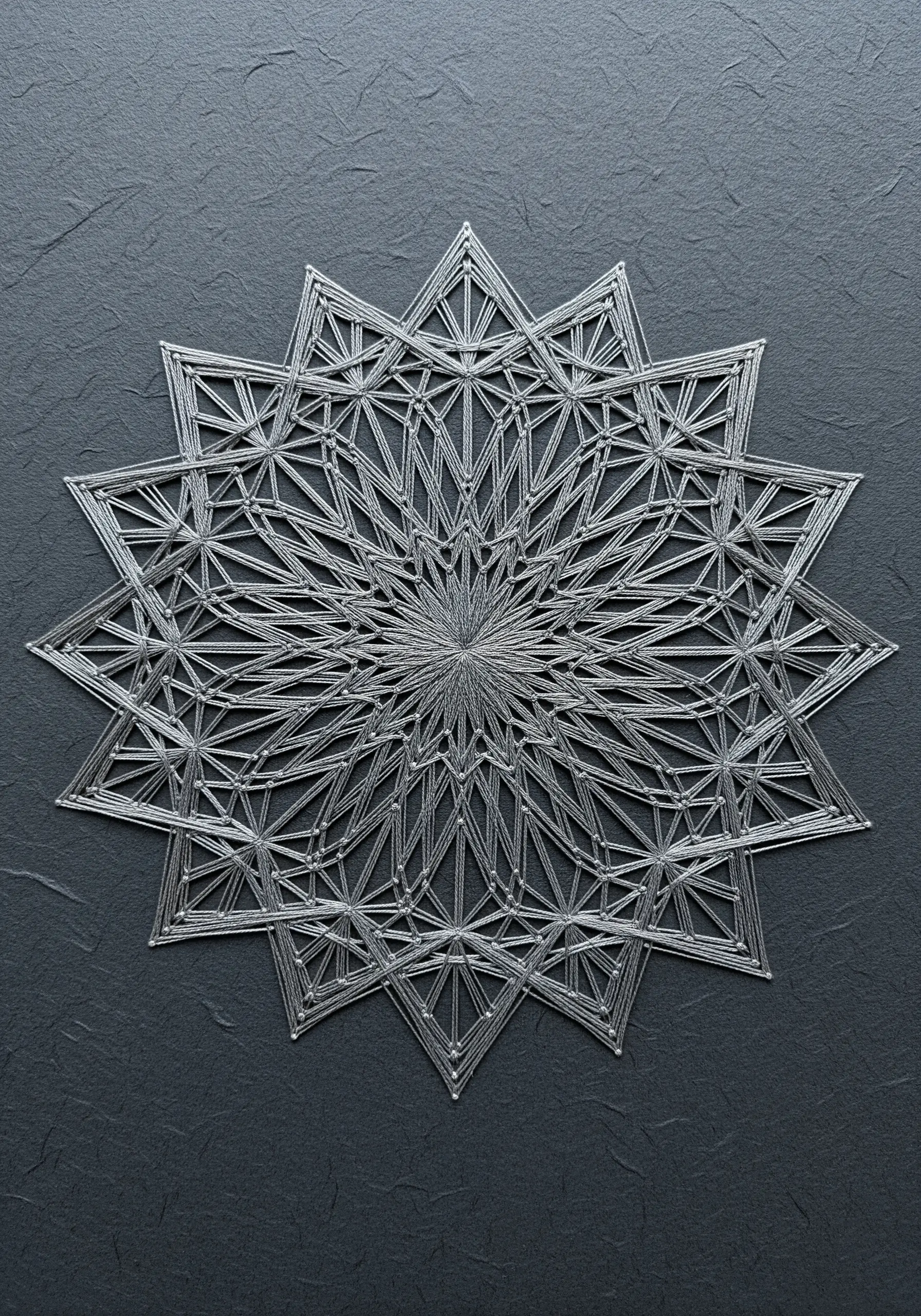 A complex geometric mandala created with silver thread on a dark grey background.