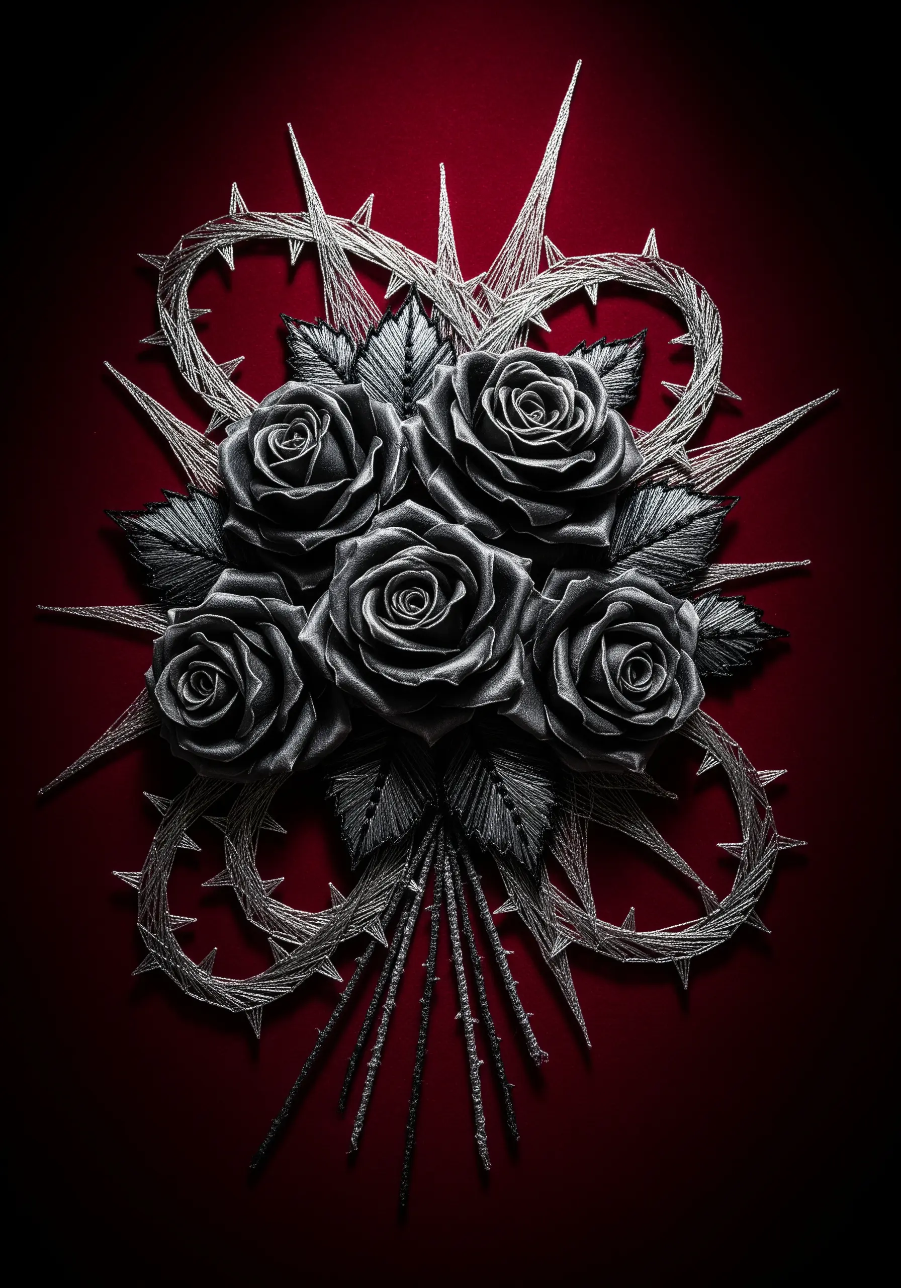 A gothic bouquet of black and gray embroidered roses surrounded by silver thorny branches.