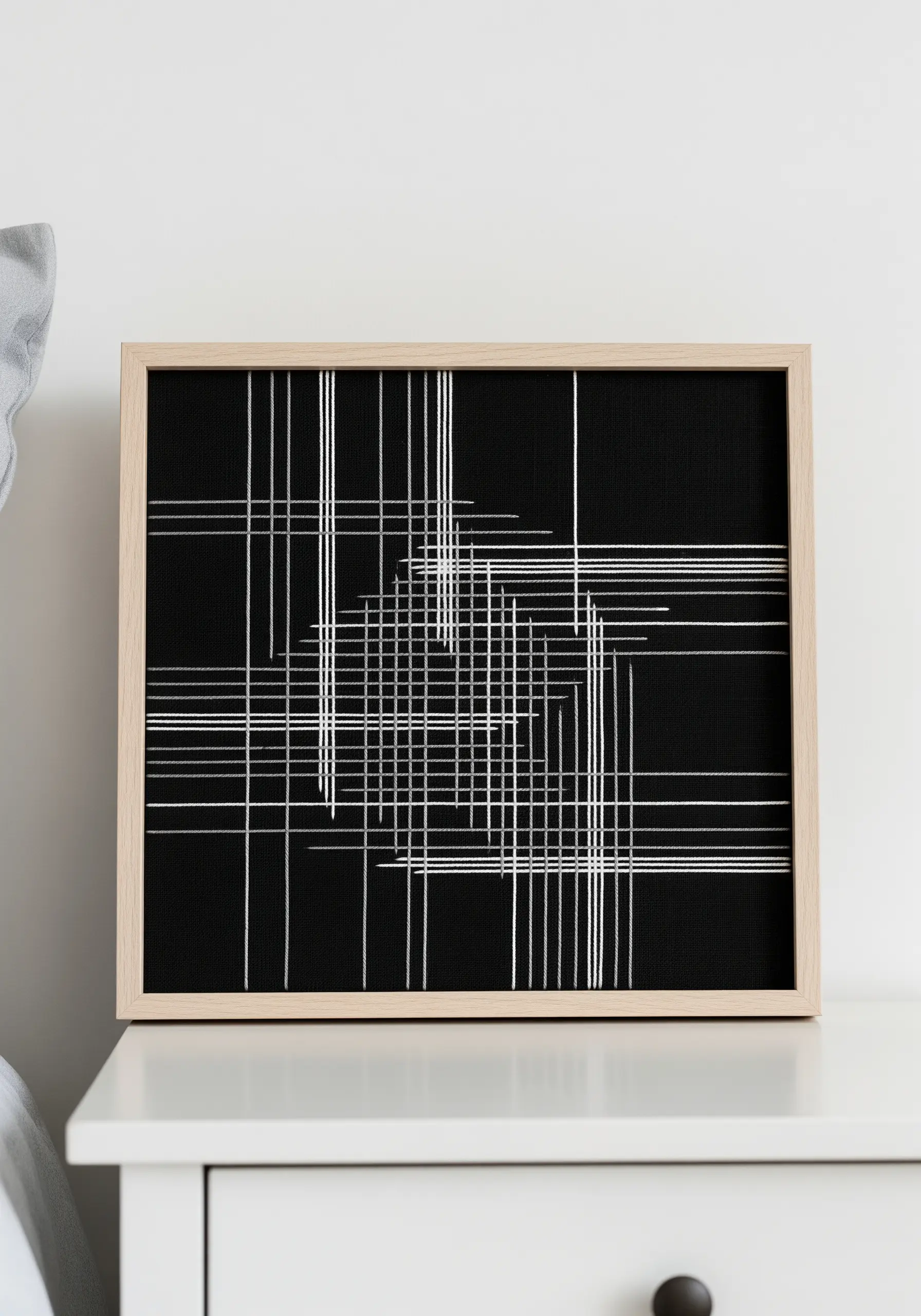 Abstract geometric pattern of white straight stitches on black canvas in a light wood frame.
