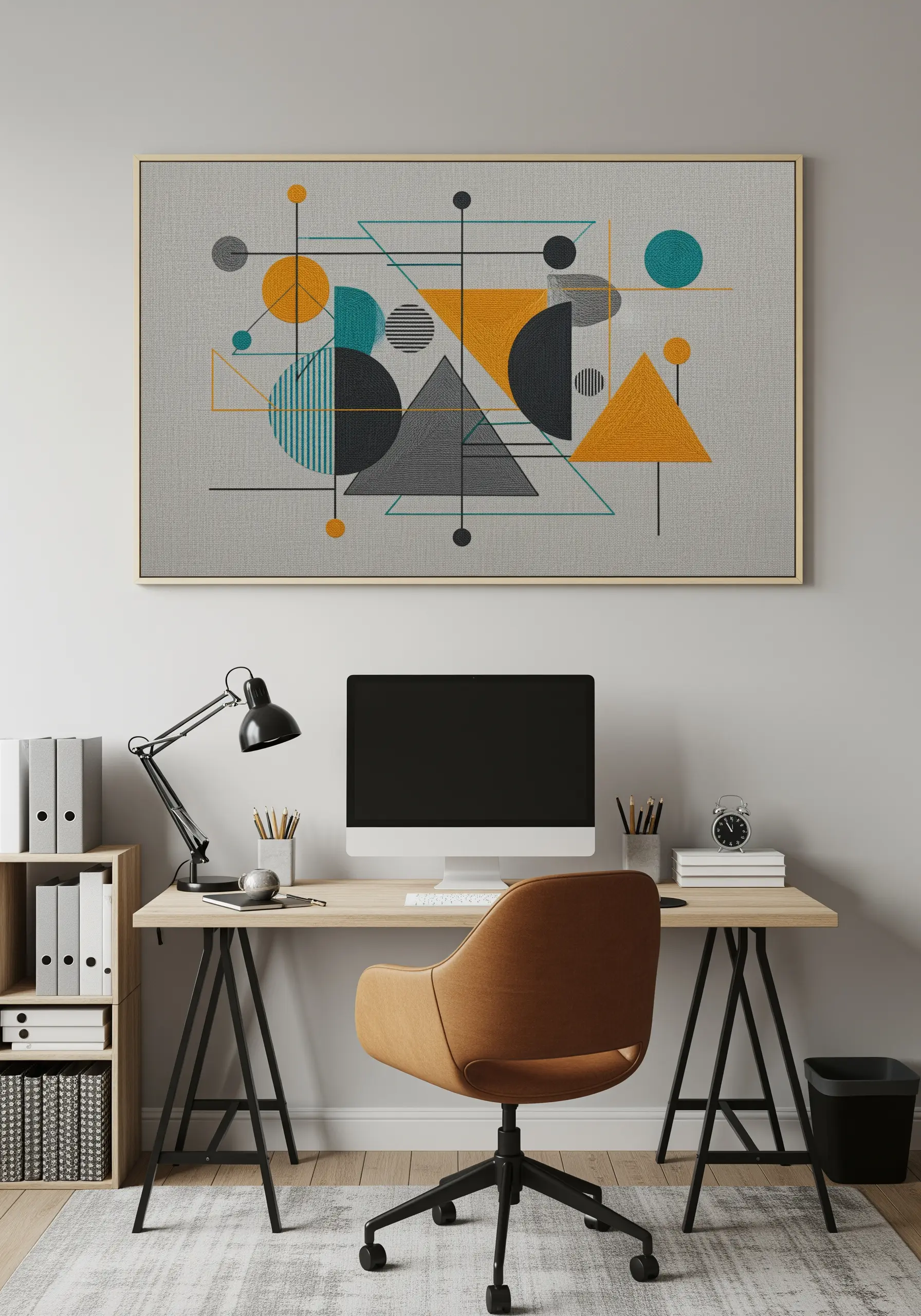 Large framed geometric embroidery with circles, triangles, and lines in a modern style.
