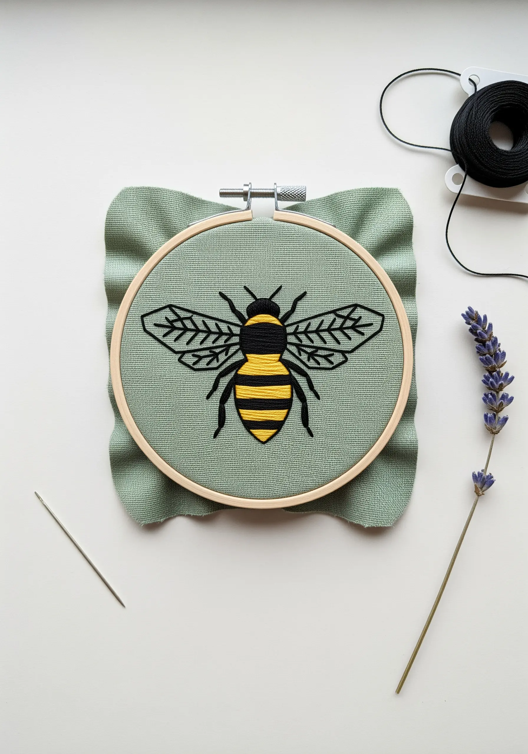 Graphic embroidery of a bee with black outlines and yellow satin stitch stripes.