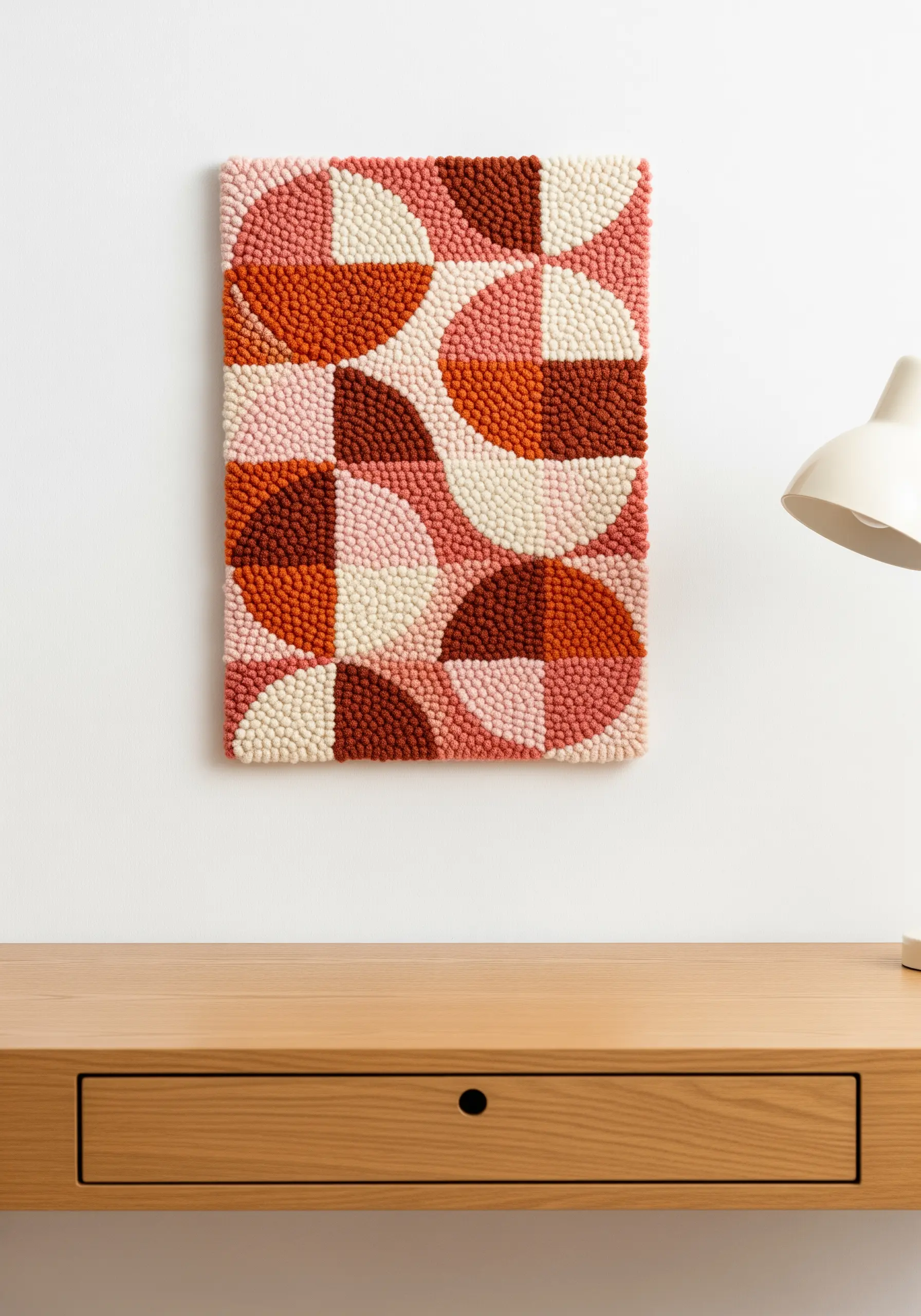 A punch needle wall hanging with a geometric pattern of circles in shades of pink, rust, and cream.