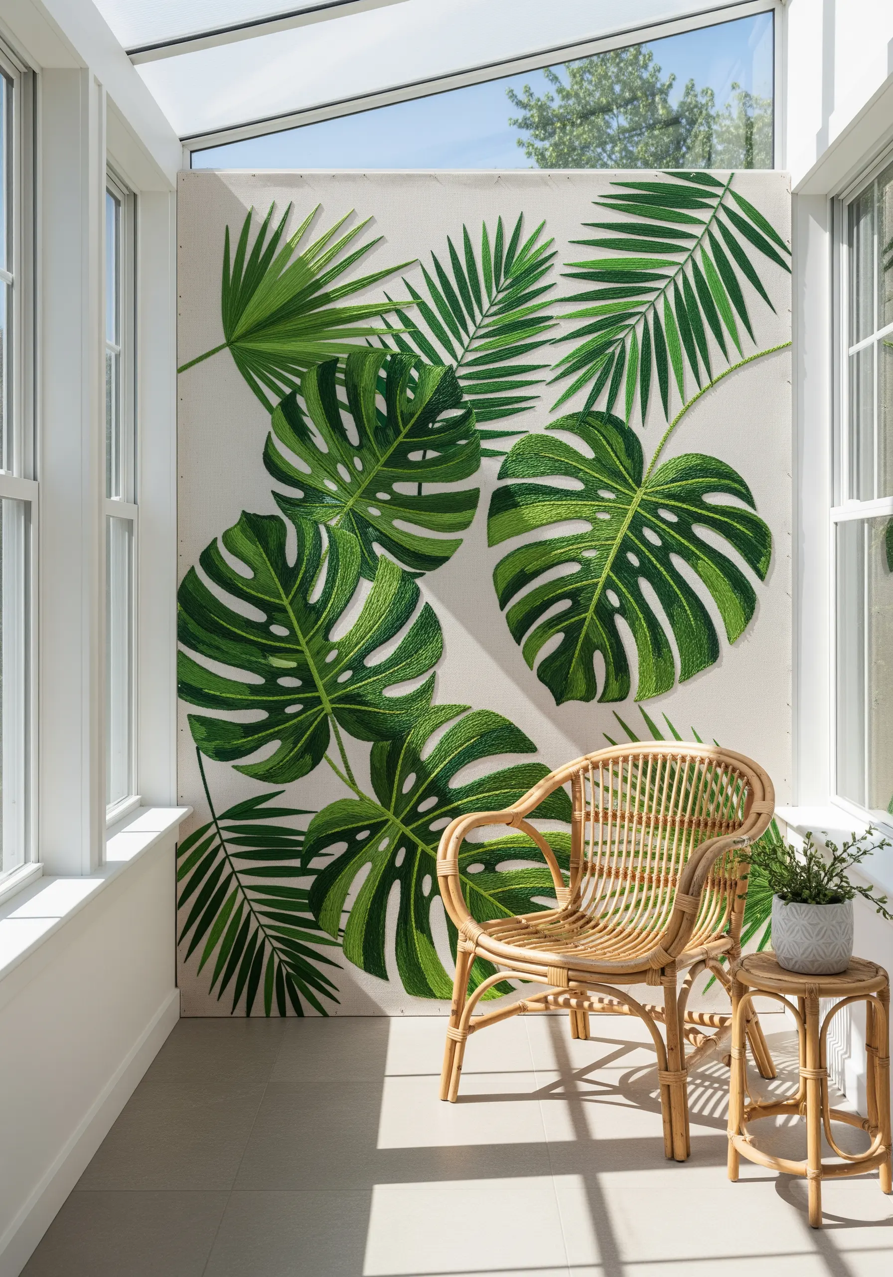 Large-scale embroidered panel of tropical monstera and palm leaves in a bright sunroom.