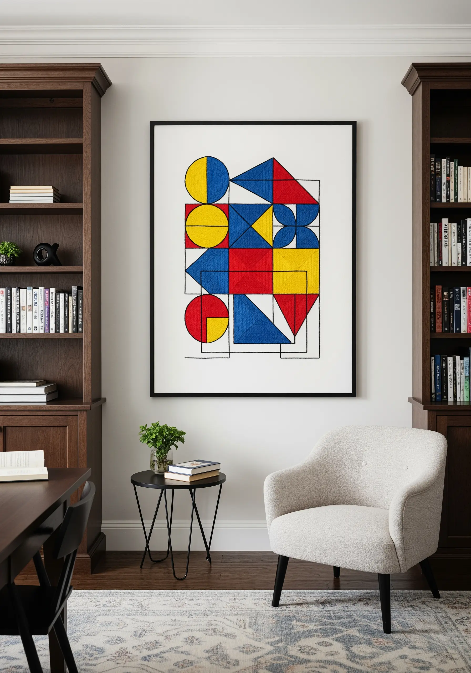 A framed geometric embroidery piece with shapes in primary colors red, yellow, and blue.
