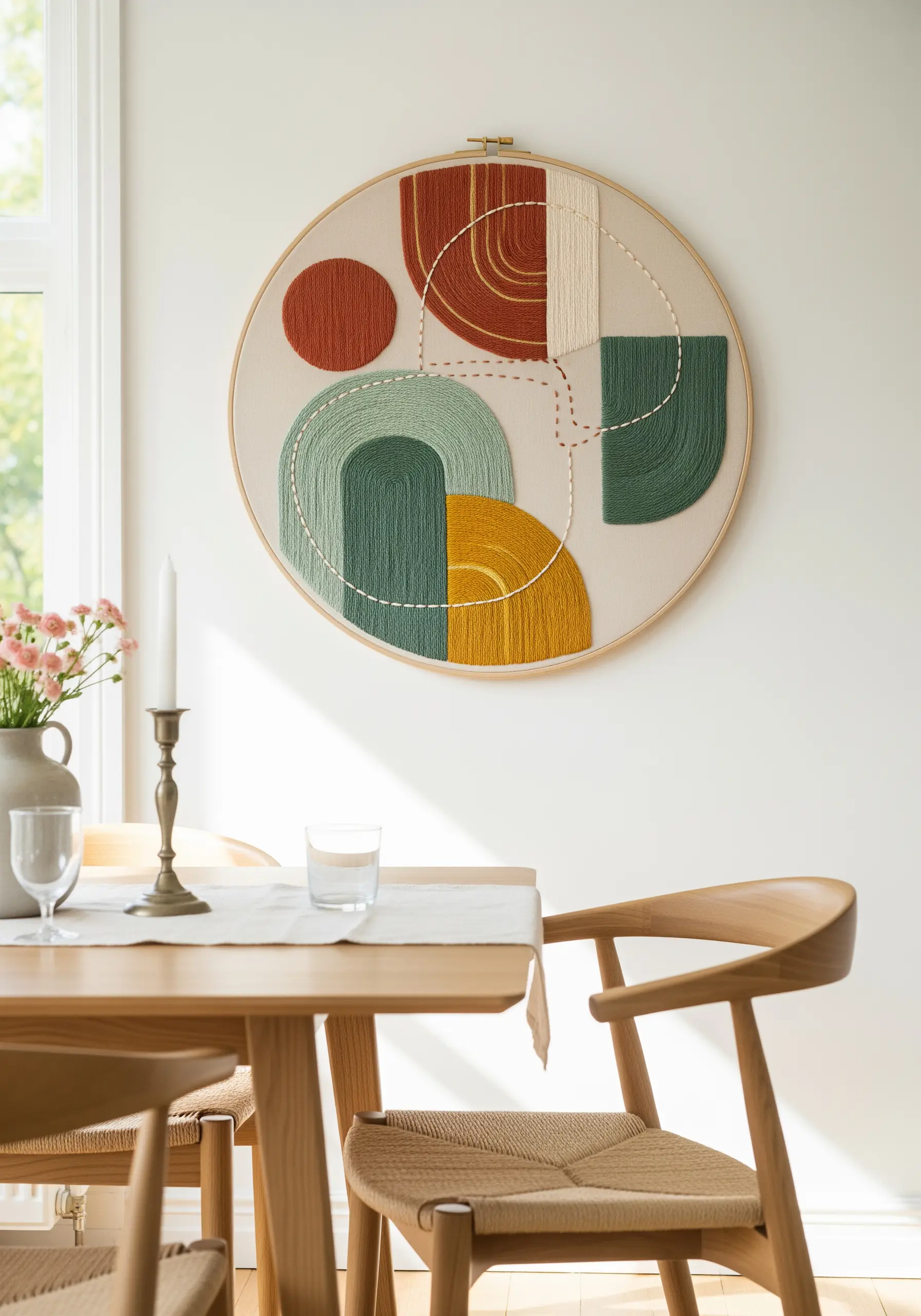 Modern abstract embroidery in a large hoop with geometric shapes in terracotta, green, and yellow.