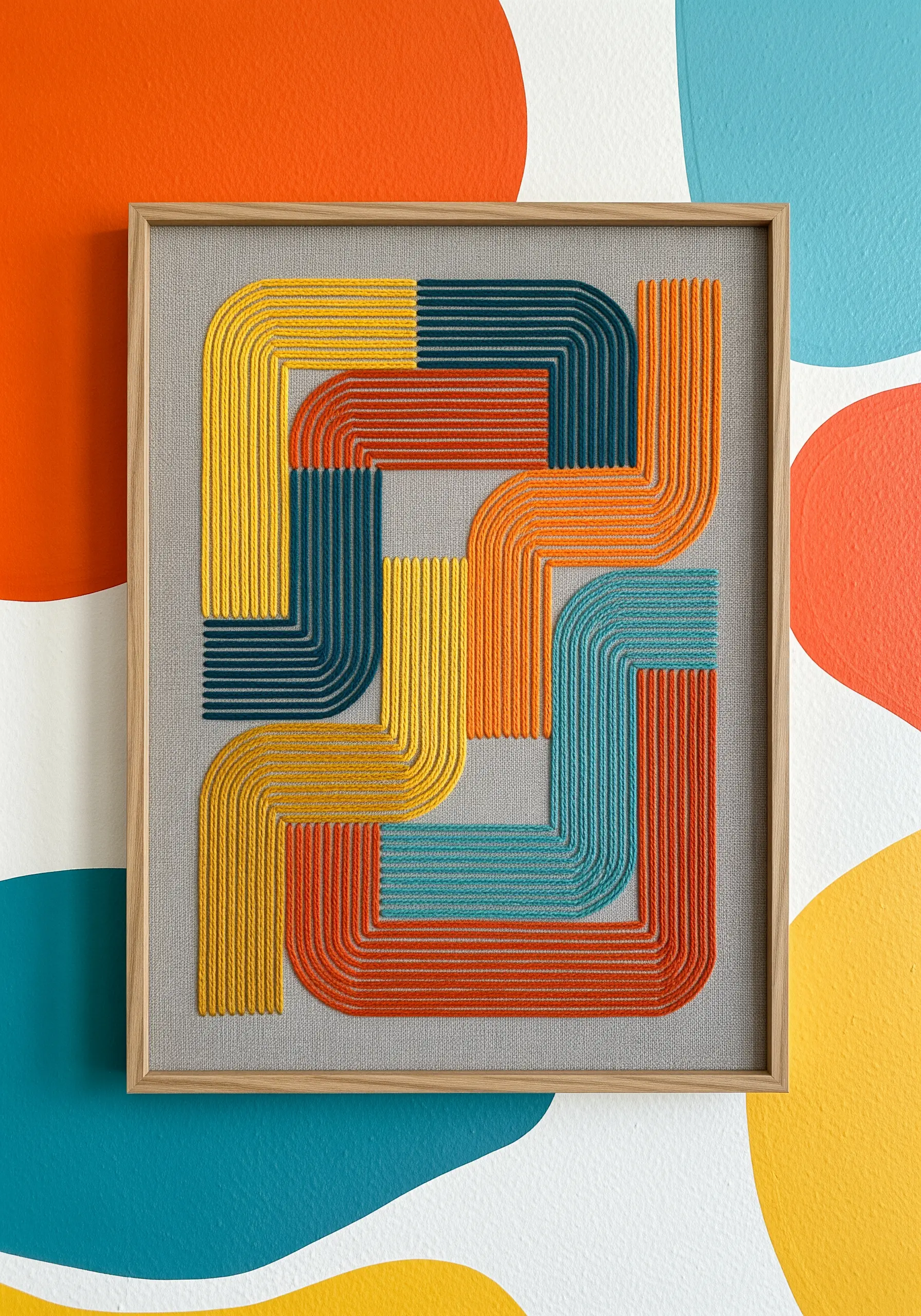 Framed embroidery with clean, geometric lines in yellow, blue, and orange using precise satin stitches.