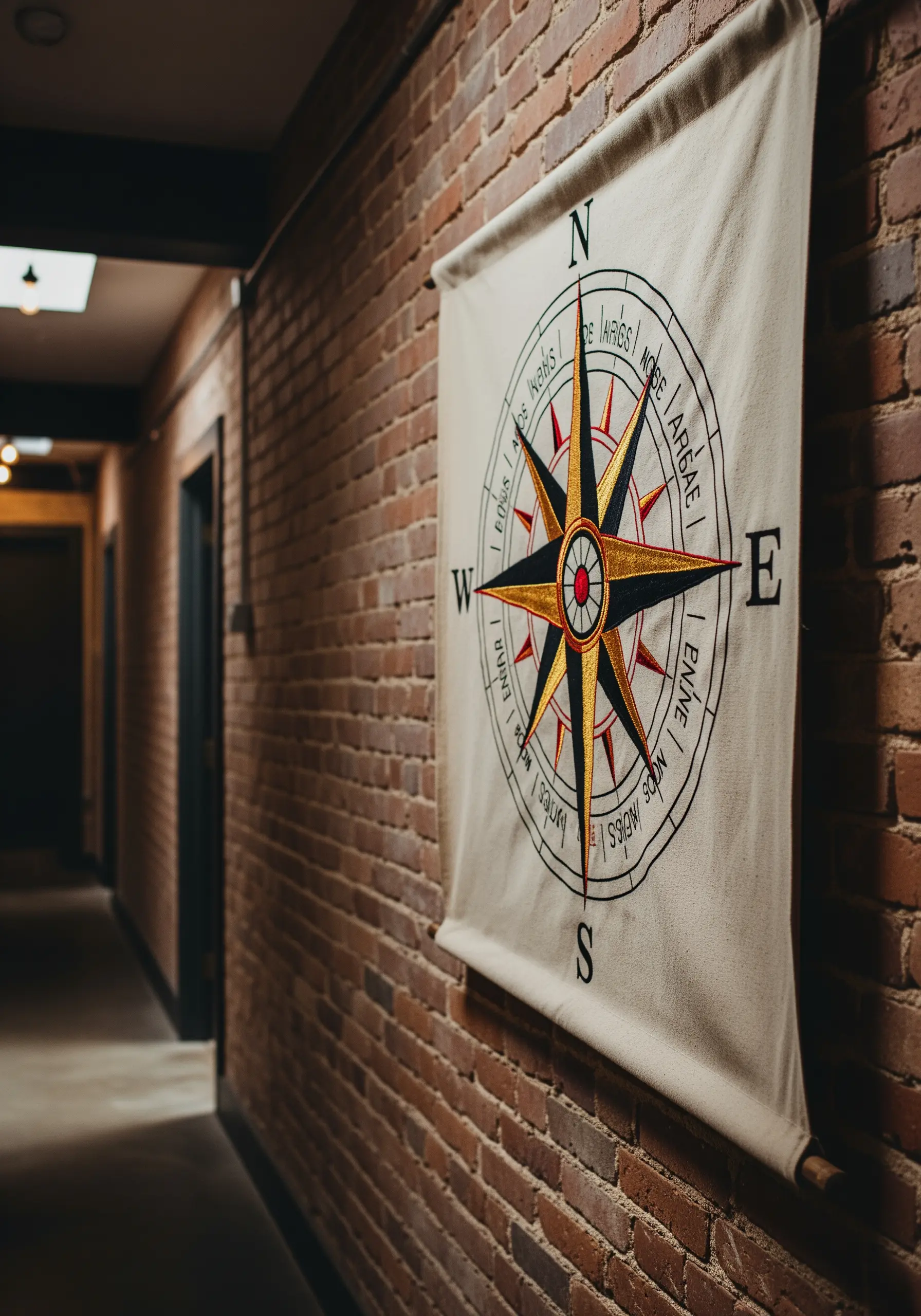 A graphic compass rose embroidered with bold black, red, and gold satin stitch.