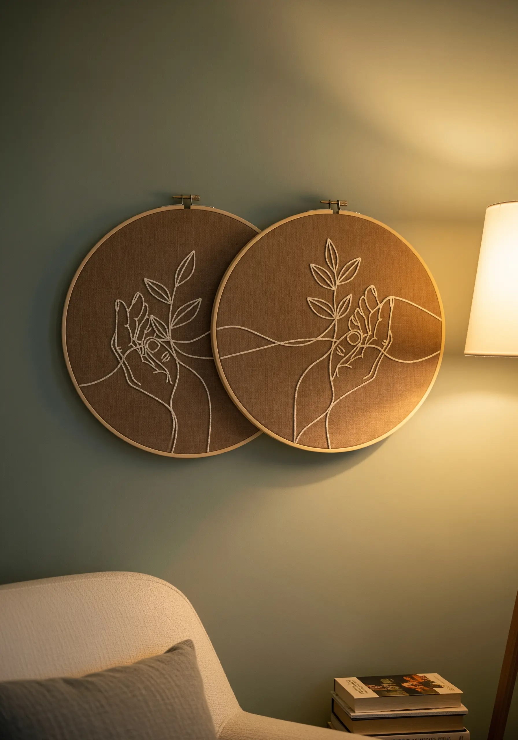 Two embroidery hoops with mirrored designs of hands holding a plant in white line art.