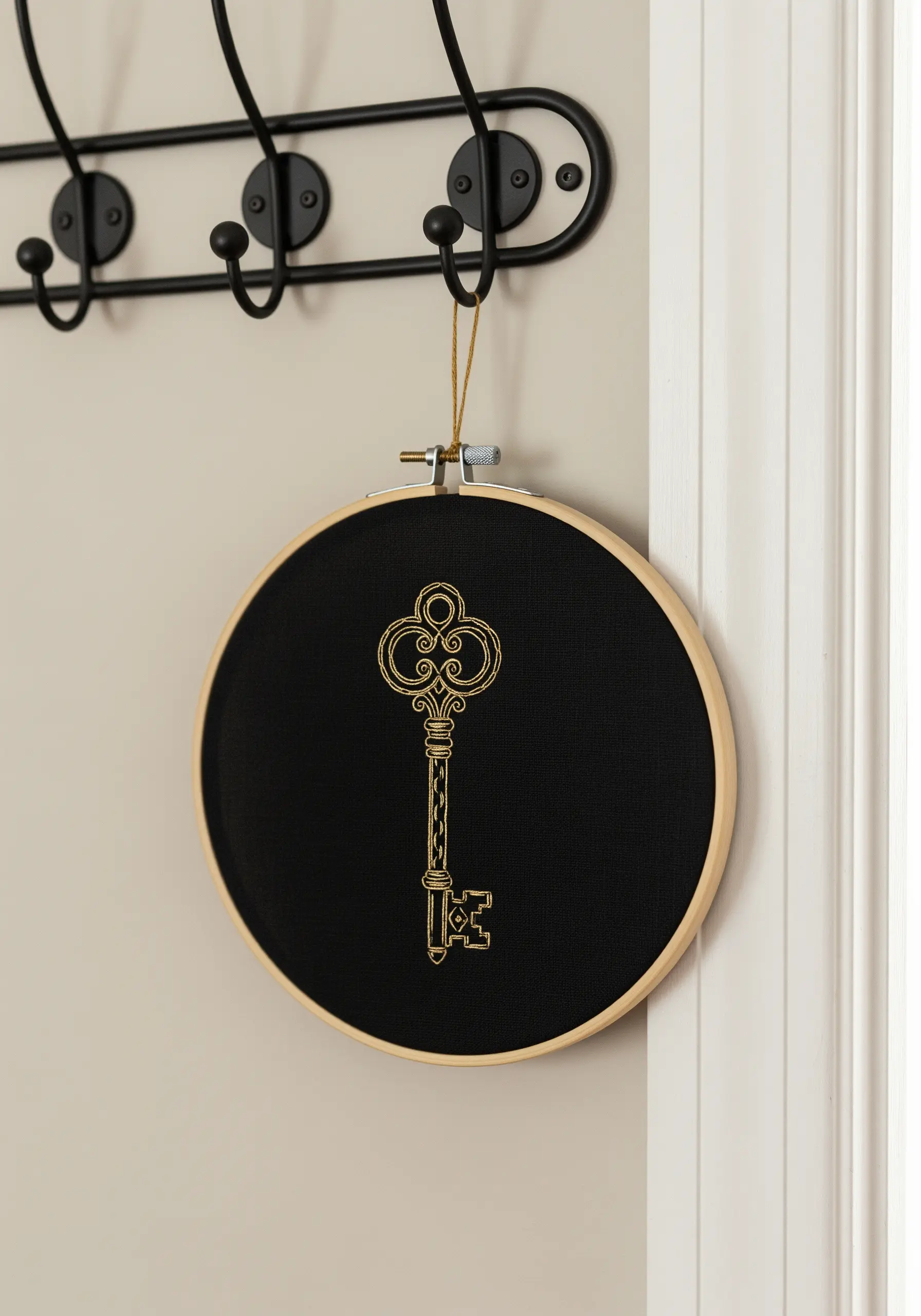 A vintage-style key stitched in gold metallic thread on black fabric, hanging from a hook.
