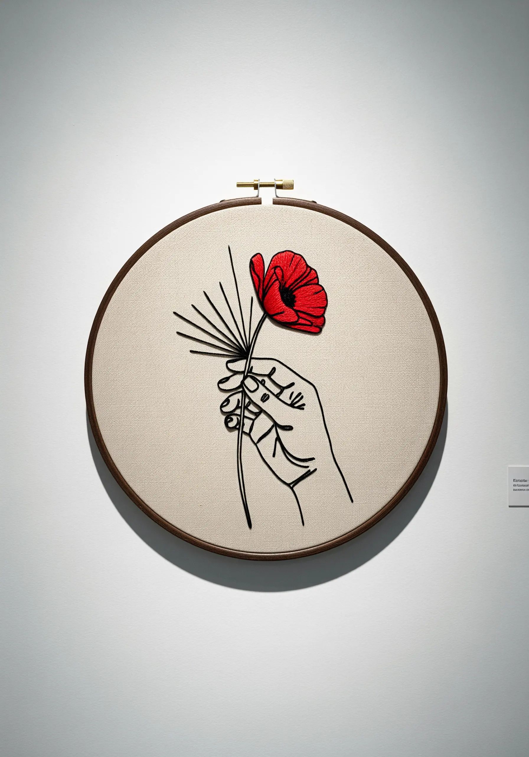 Red satin stitch poppy held by a black line-art hand with graphic lines.